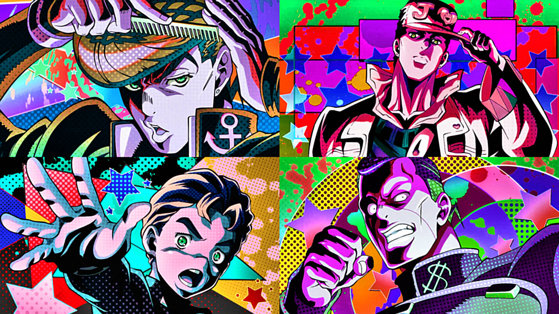 《JoJo的奇妙冒險》系列的壁畫 壁紙 — 充滿活力的流行藝術拼貼畫，四個動漫角色以鮮豔色彩和動感姿勢呈現在圖案背景上。