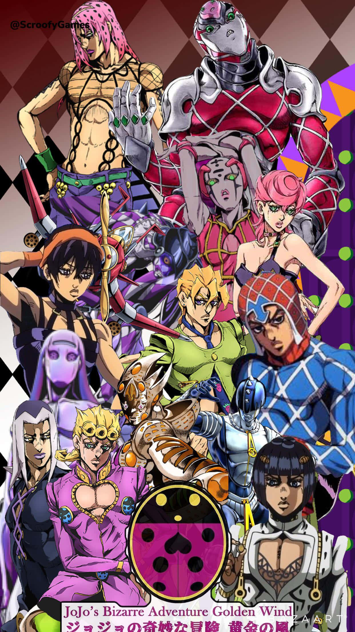 《JoJo的奇妙冒險》經典角色群像 壁紙 — 一幅充滿活力的動漫拼貼畫，描繪JoJo的奇妙冒險黃金之風角色在幾何背景前擺出動態姿勢。