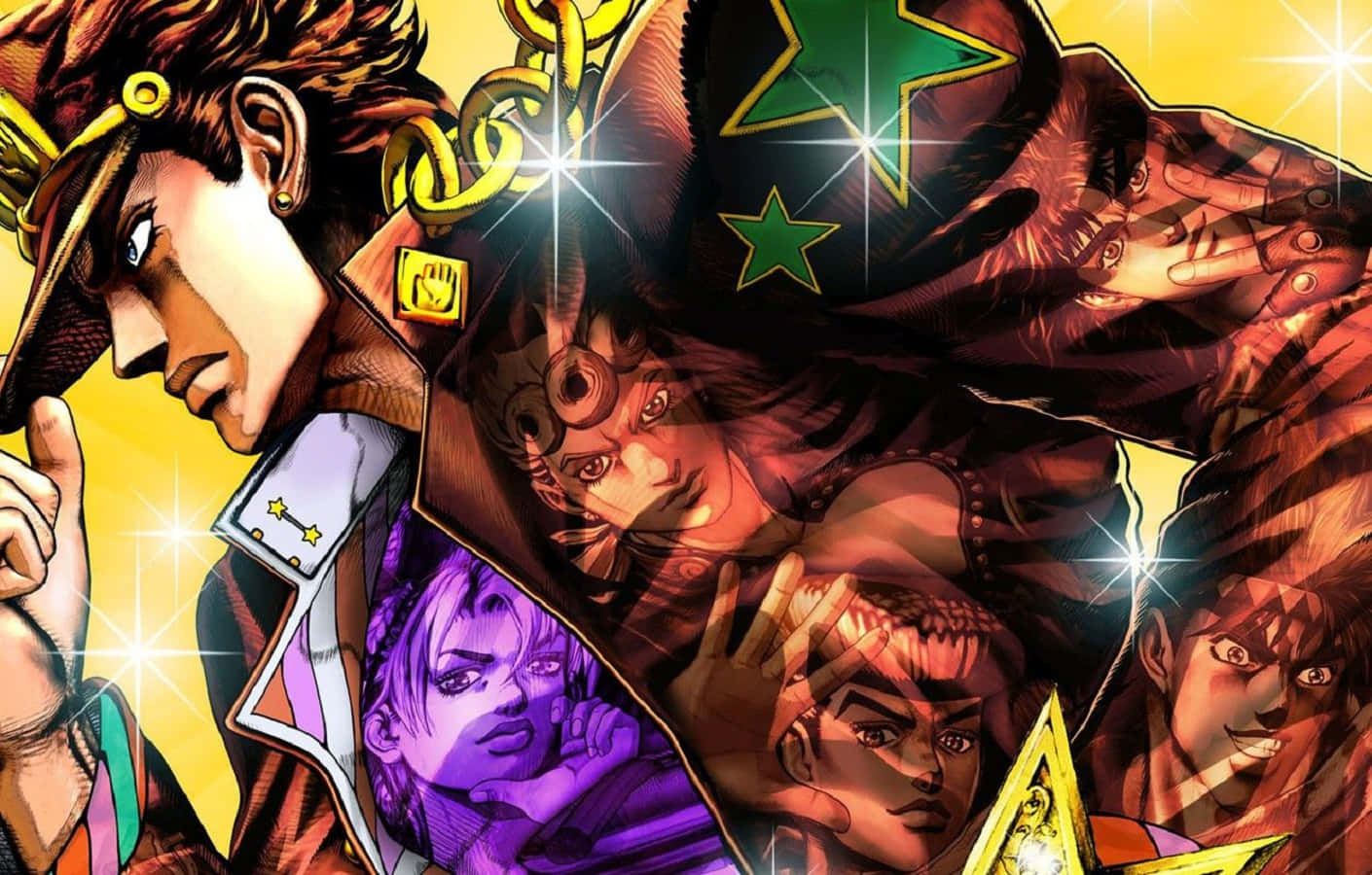 《JoJo的奇妙冒險》英雄群像 壁紙 — 充滿活力的動漫角色，以大膽線條和鮮豔色彩，在耀眼的黃色背景上戲劇性地擺出姿勢。