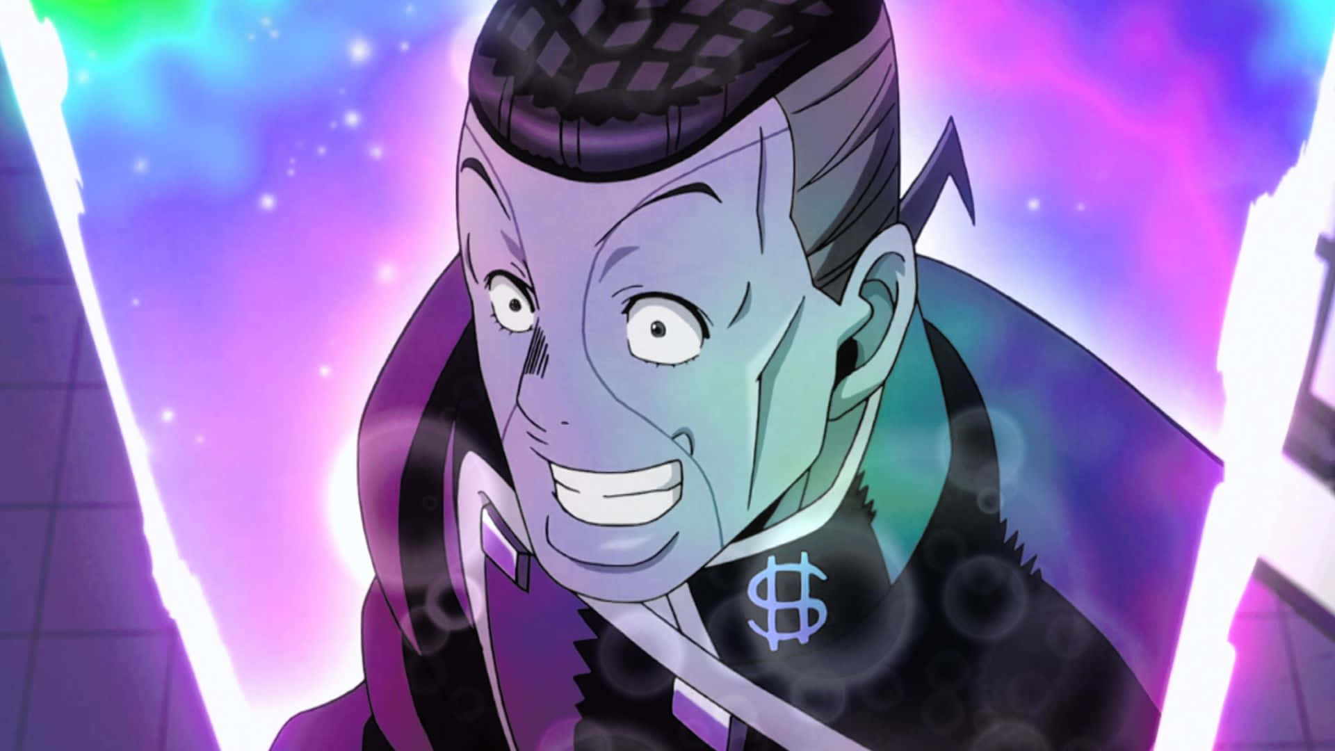 《JoJo的奇妙冒險》角色——西撒·尼祿 壁紙 — 一個驚訝的動漫角色，紫色皮膚，戴著美元符號項鍊，背景是發光的宇宙。