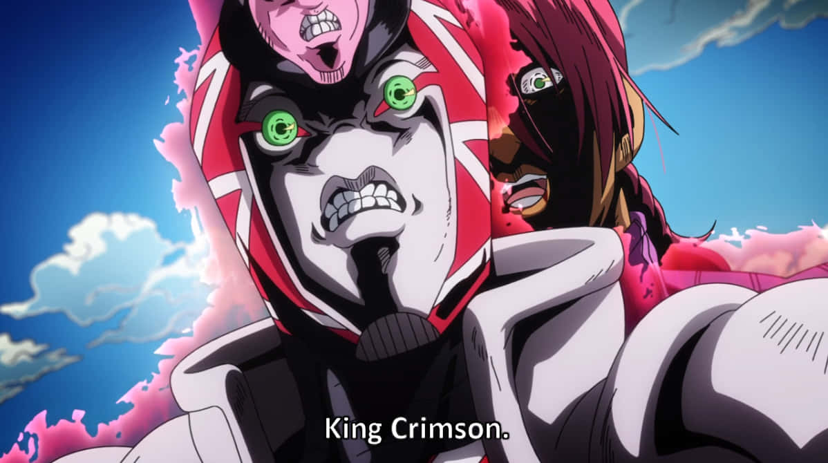 擁有綠色眼睛和紅白面具的動漫角色King Crimson在藍天下咆哮。
