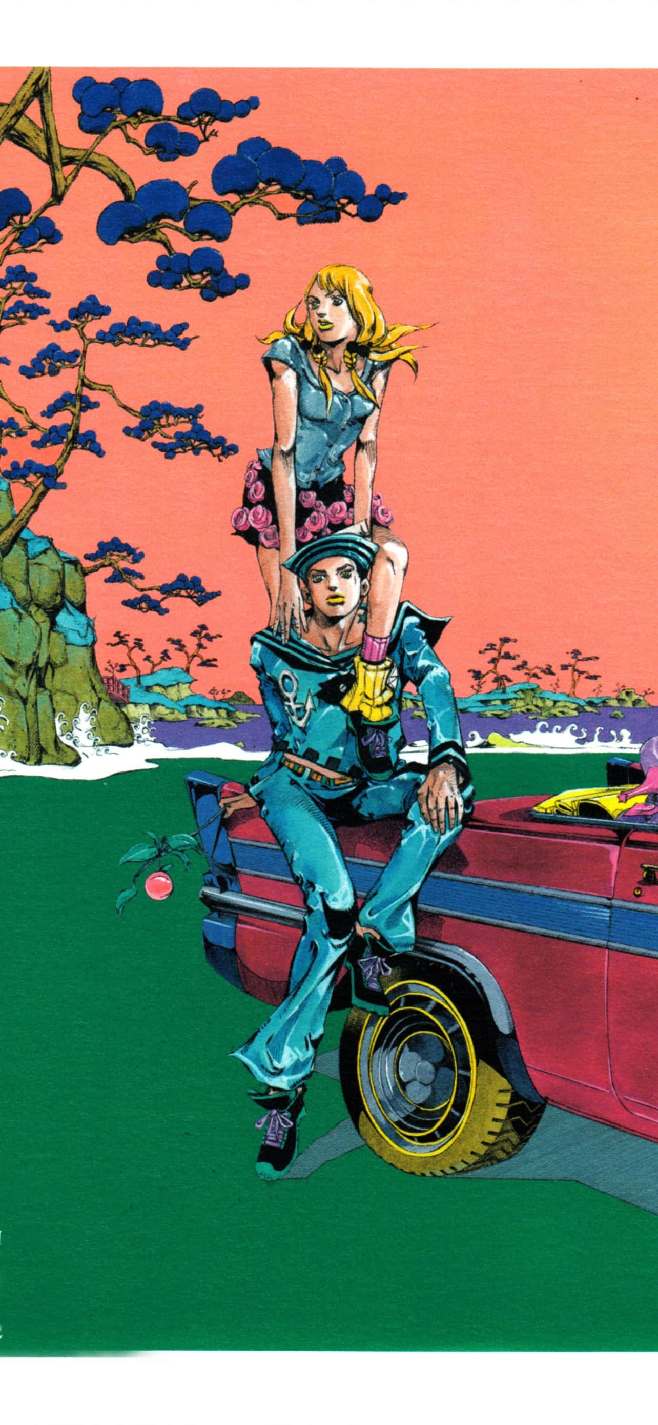 JoJo的奇妙冒險中的Giorno Giovanna 壁紙 — 一對風格化的動漫情侶在紅色汽車上擺姿勢，背景是超現實的粉紅色天空和藍色樹木。