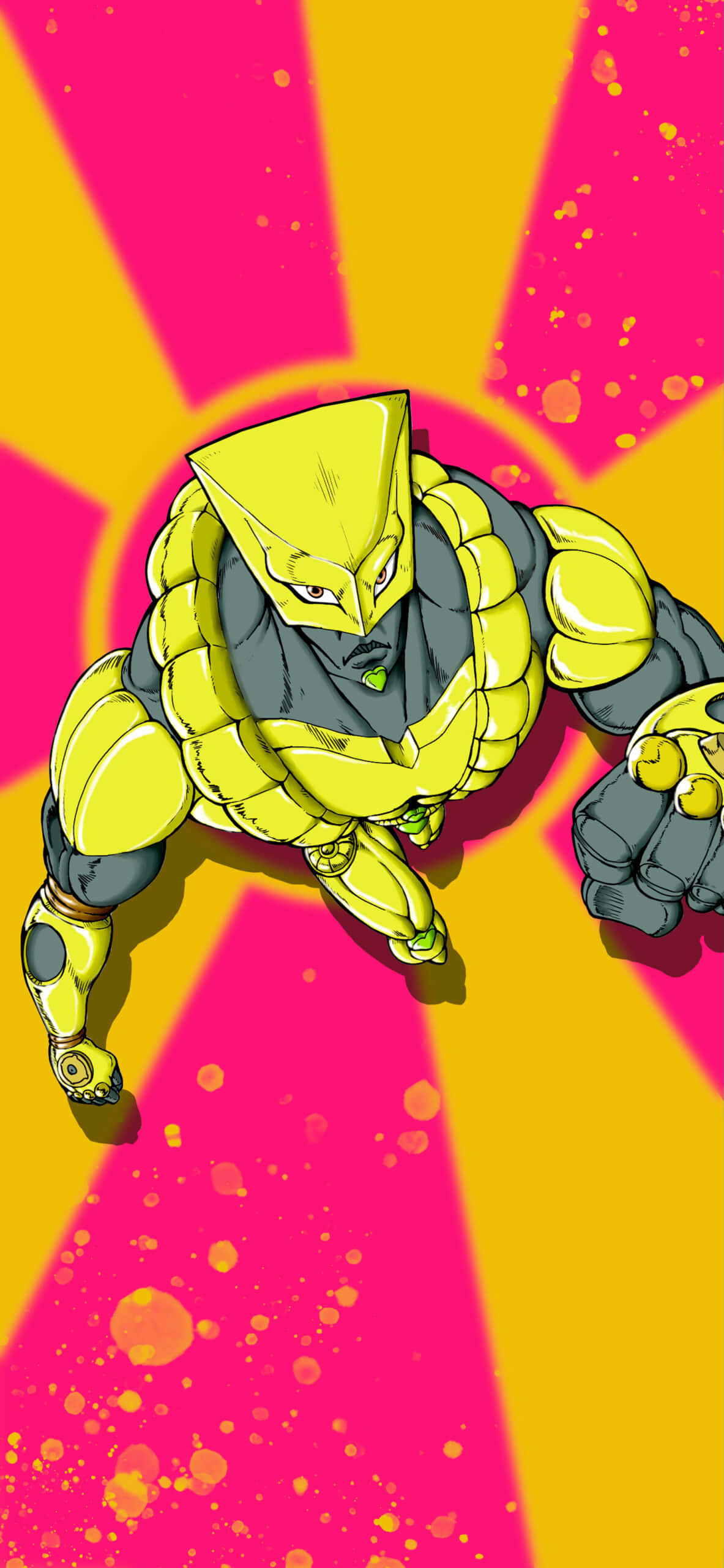 JoJo的奇妙冒險中的Jotaro Kujo 壁紙 — 一個兇猛的黃色裝甲動漫角色，有著三角形頭部和發光的眼睛，動態地站在充滿活力的粉紅色和黃色放射狀背景上，帶有油漆飛濺。