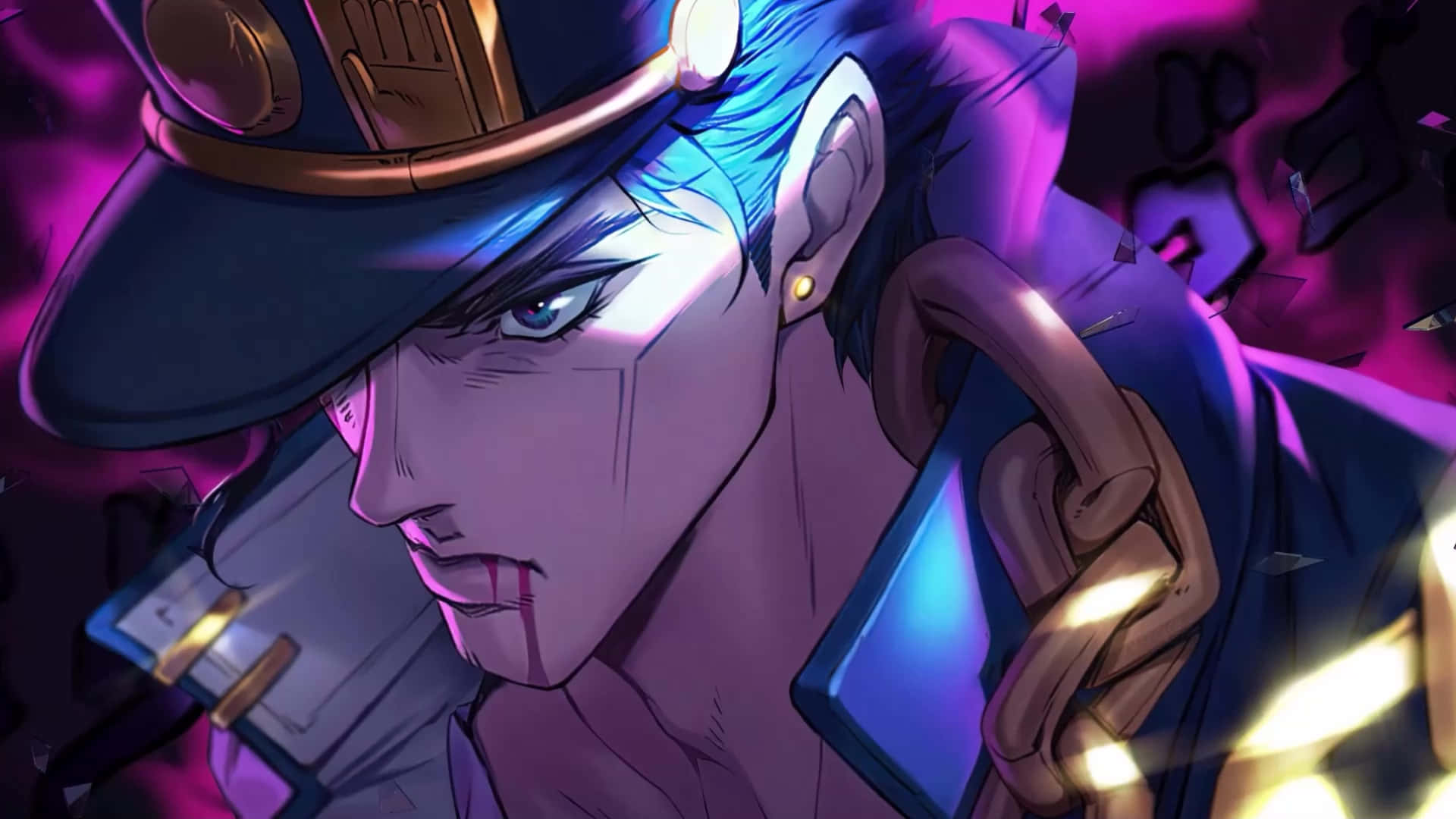 JoJo的奇妙冒險中的Jotaro Kujo 壁紙 — 一個藍色頭髮戴帽子的動漫角色特寫，在充滿活力的紫色和金色背景下強烈凝視。