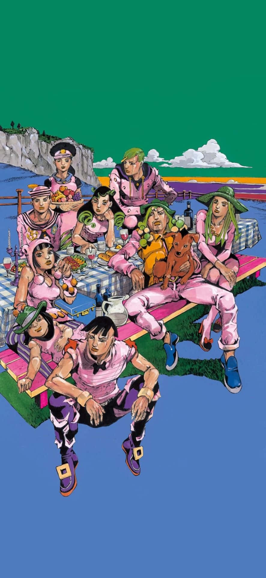 JoJo的奇妙冒險中的戰士，準備迎戰 壁紙 — 一群身穿粉紅色服裝的活力動漫角色，在明亮的綠色天空下，於懸崖邊享受海邊野餐。
