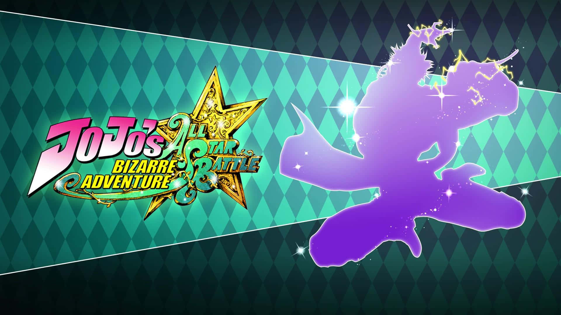joseph joestar 桌布 壁紙 — JoJo的奇妙冒險標誌在藍綠色菱形圖案背景上，於紫色發光剪影旁閃耀。