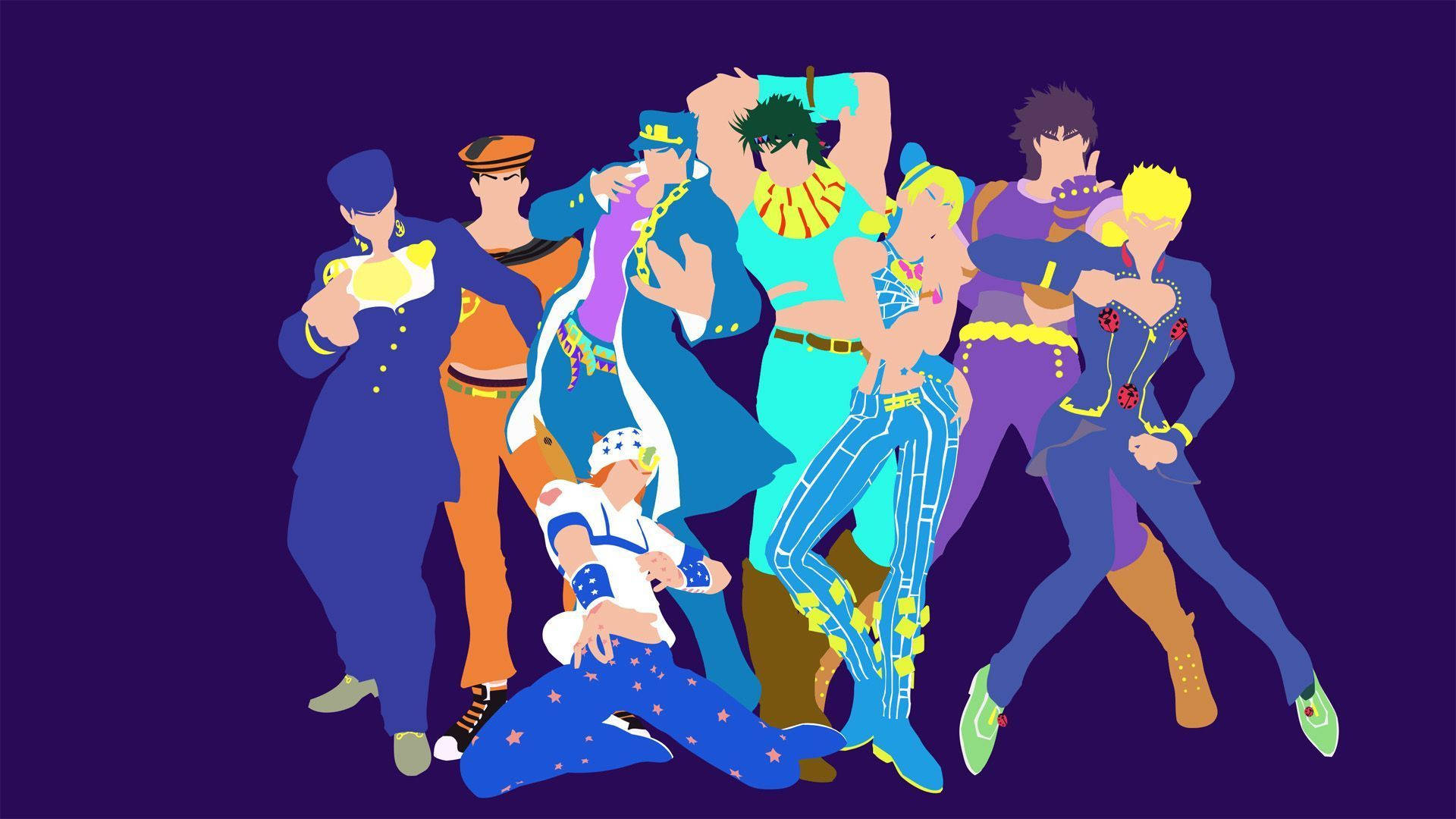 「JoJo的完美美學——角色姿勢」 壁紙 — 充滿活力的動漫角色穿著大膽色彩繽紛的服裝，在深紫色背景前動態擺姿勢。