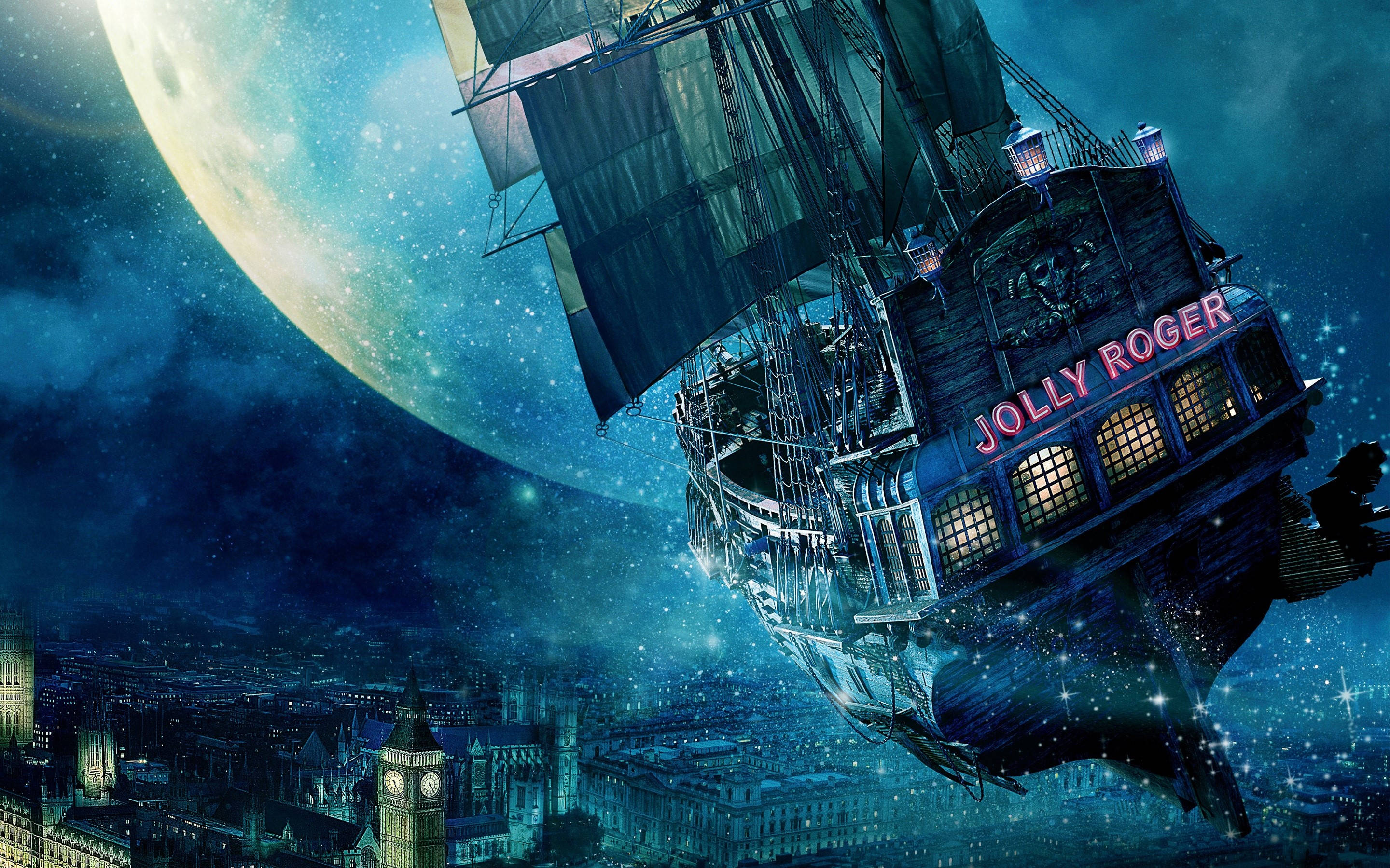 Jolly Roger海盜船 壁紙 — 一艘名為 Jolly Roger 的發光海盜船在繁星點點的夜空中航行，背景是一座城市和一輪巨大的月亮。