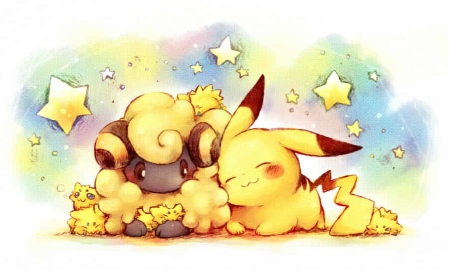 可愛Joltik與Mareep及Pikachu依偎 壁紙 — 可愛的比卡超和牠毛茸茸的朋友在星光閃爍、柔和粉彩雲朵的星空下依偎在一起。
