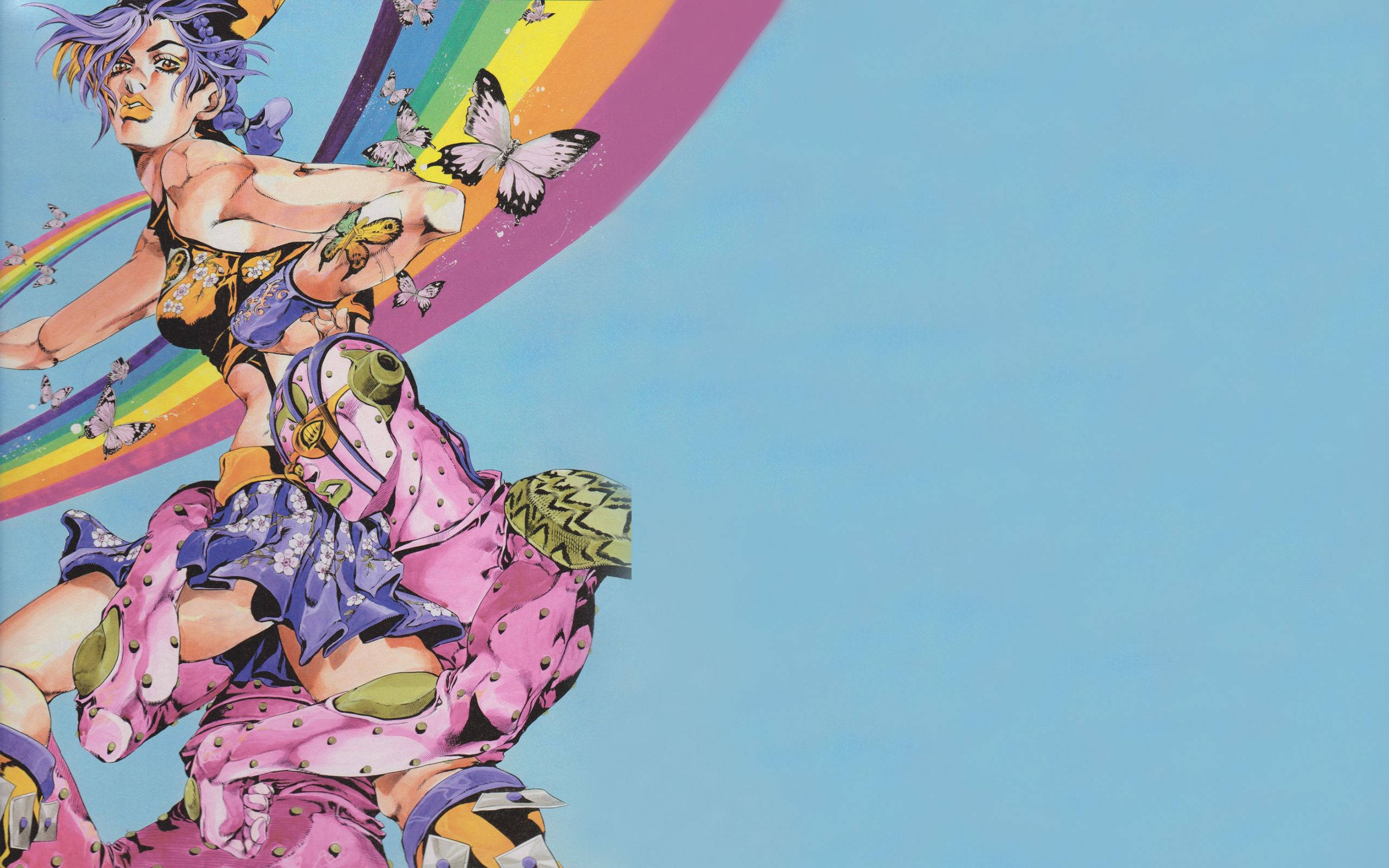Jolyne Cujoh - 來自 JoJo 的奇妙冒險宇宙 壁紙 — 一個充滿活力的動漫角色，紫色頭髮和蝴蝶圖案，騎著粉紅色裝甲生物，背景是彩虹和藍天。
