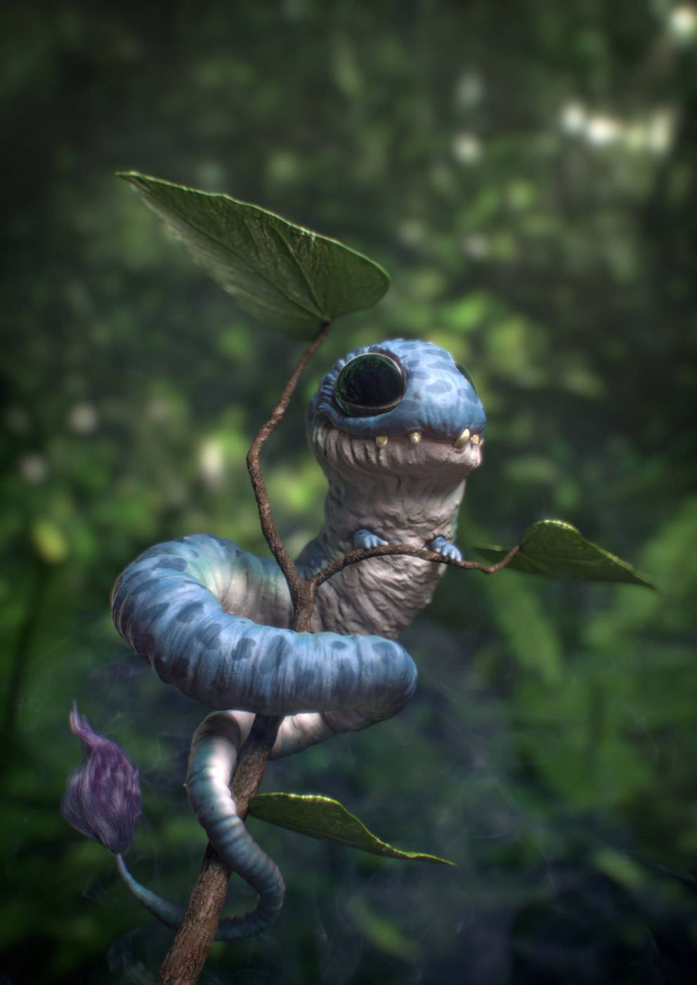 Jon Botros 繪製的《The Worm》3D 畫作 壁紙 — 一隻藍色有鱗片、大眼睛的生物纏繞在霧氣瀰漫的綠色森林中的樹枝上。