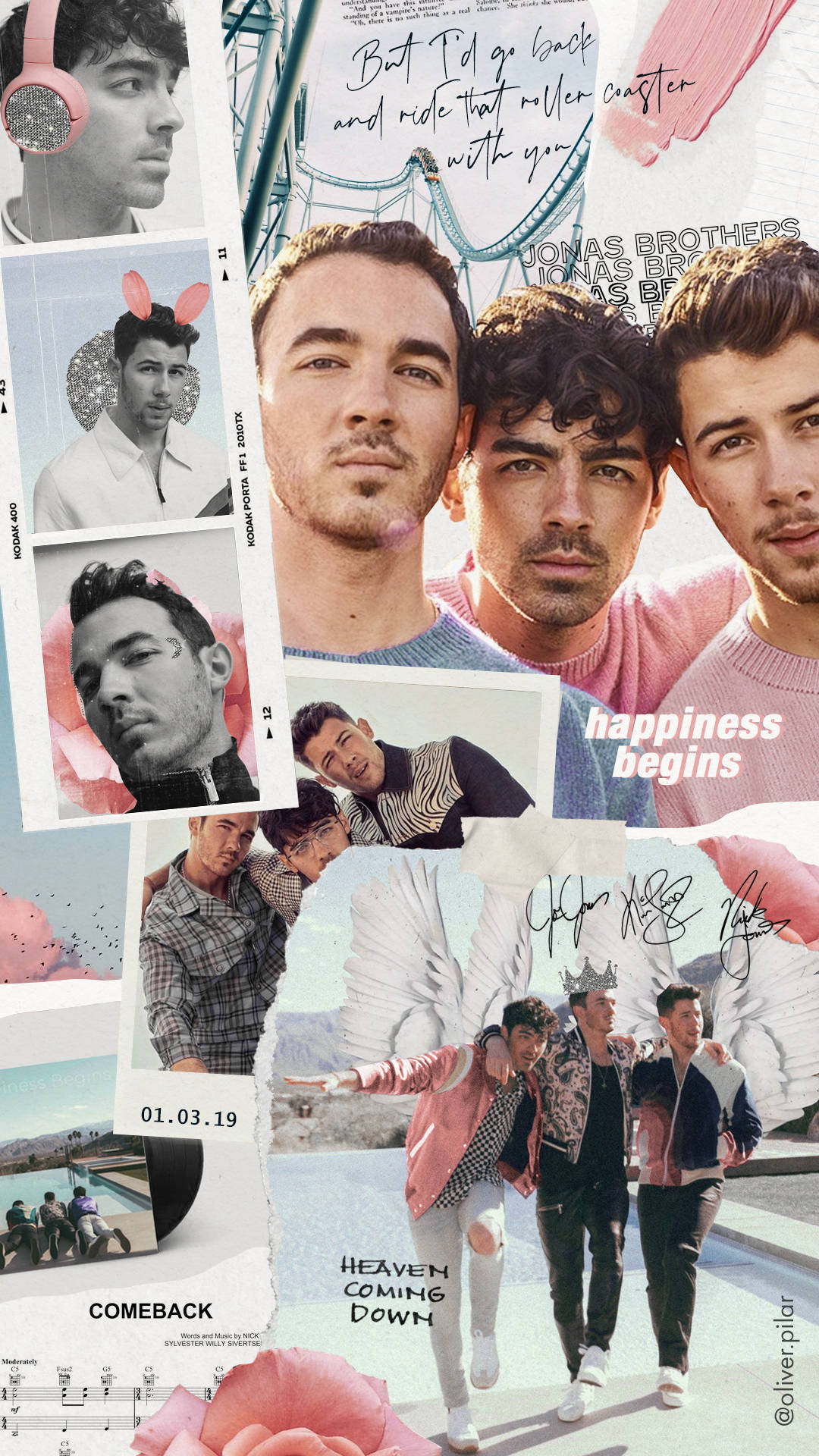 Jonas Brothers照片拼貼集 壁紙 — 一張充滿活力的拼貼畫，包含Jonas Brothers的照片、語錄和粉紅色花卉點綴，以動態剪貼簿風格排列。