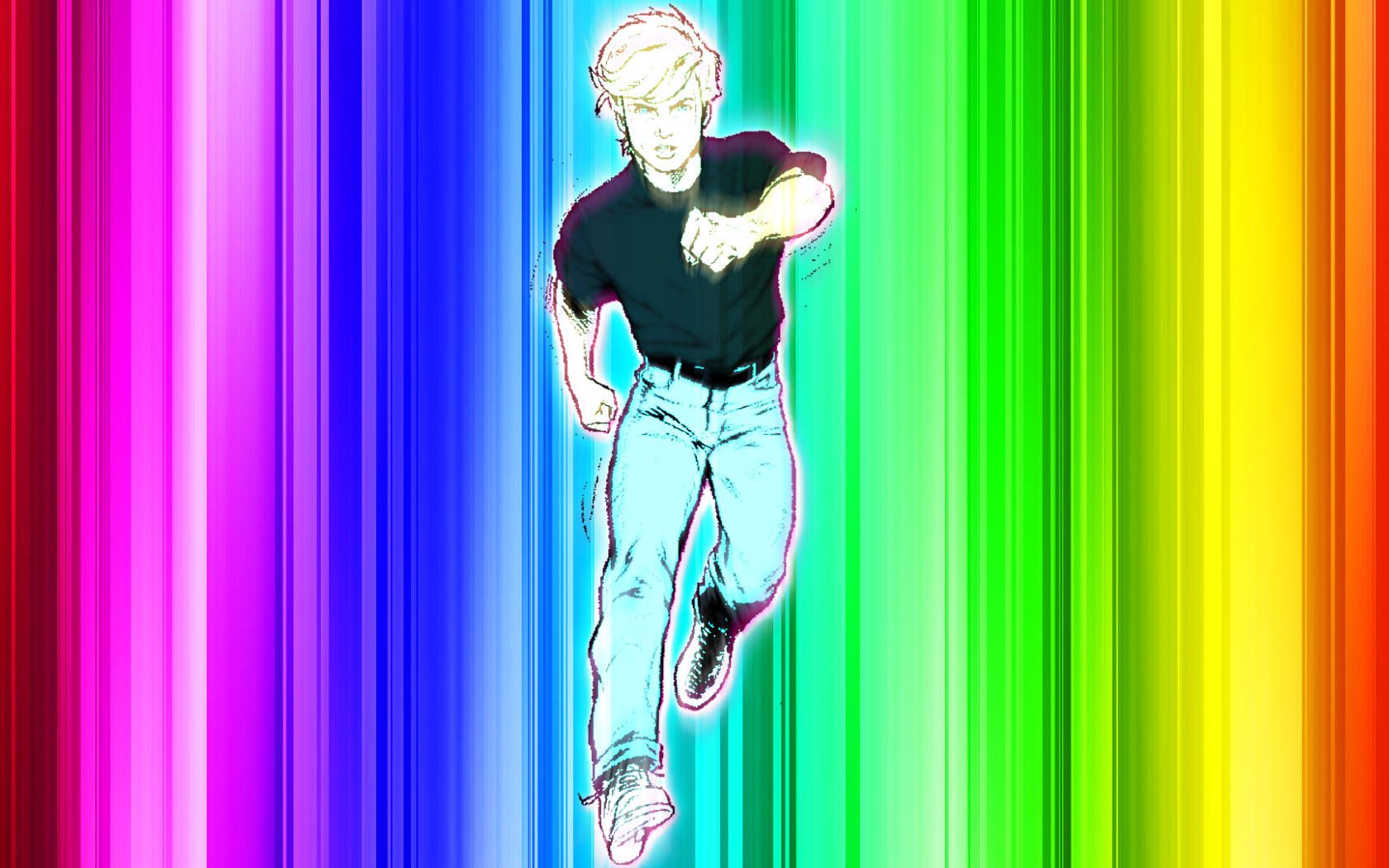 動漫男孩穿過彩虹條紋奔跑