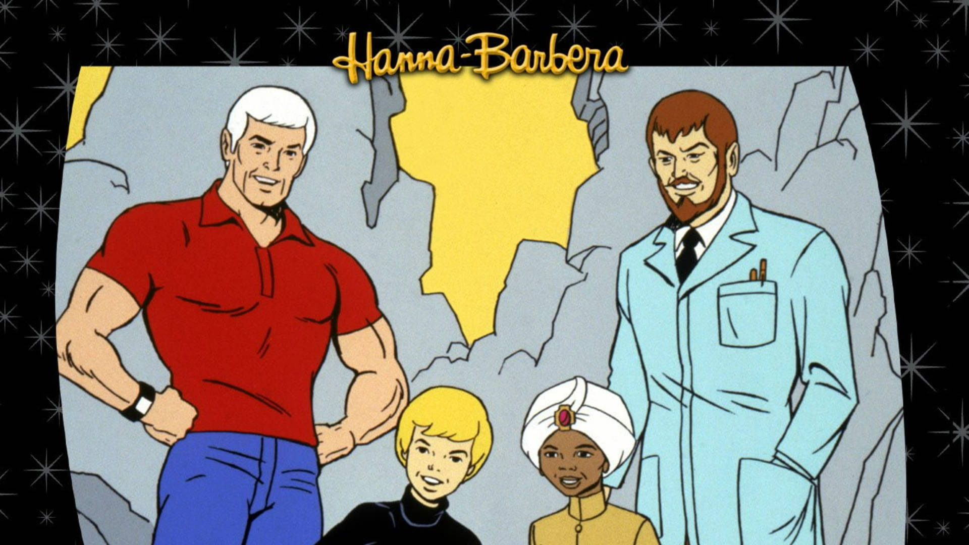 四個 Hanna-Barbera 卡通角色在岩石背景前英勇地擺姿勢。