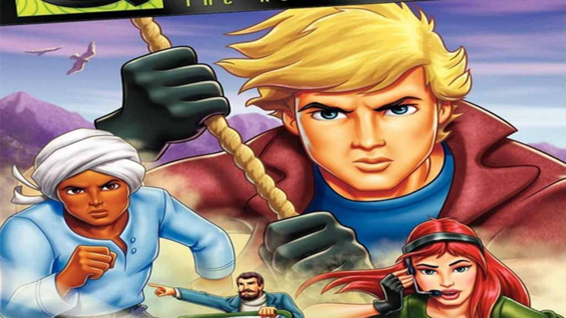 來自90年代電子遊戲封面的沙漠場景中的四名冒險者。