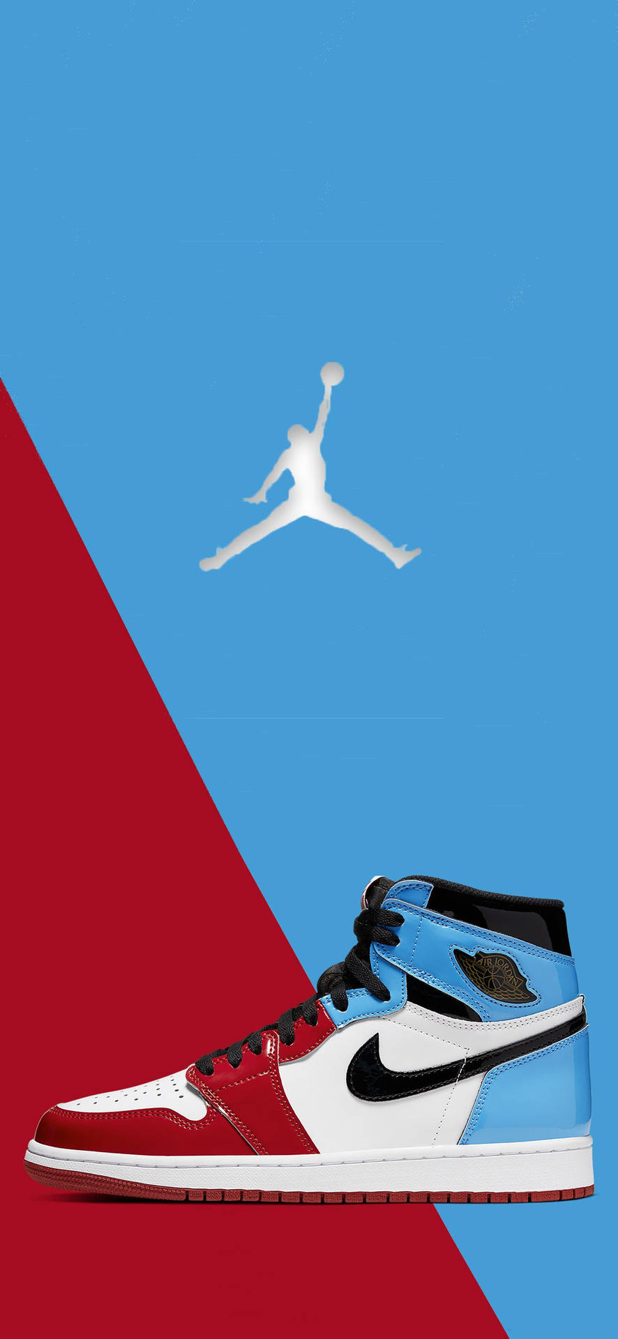 紅、藍、白色的Jordan 1波鞋，Jumpman標誌在分割的紅藍背景上。