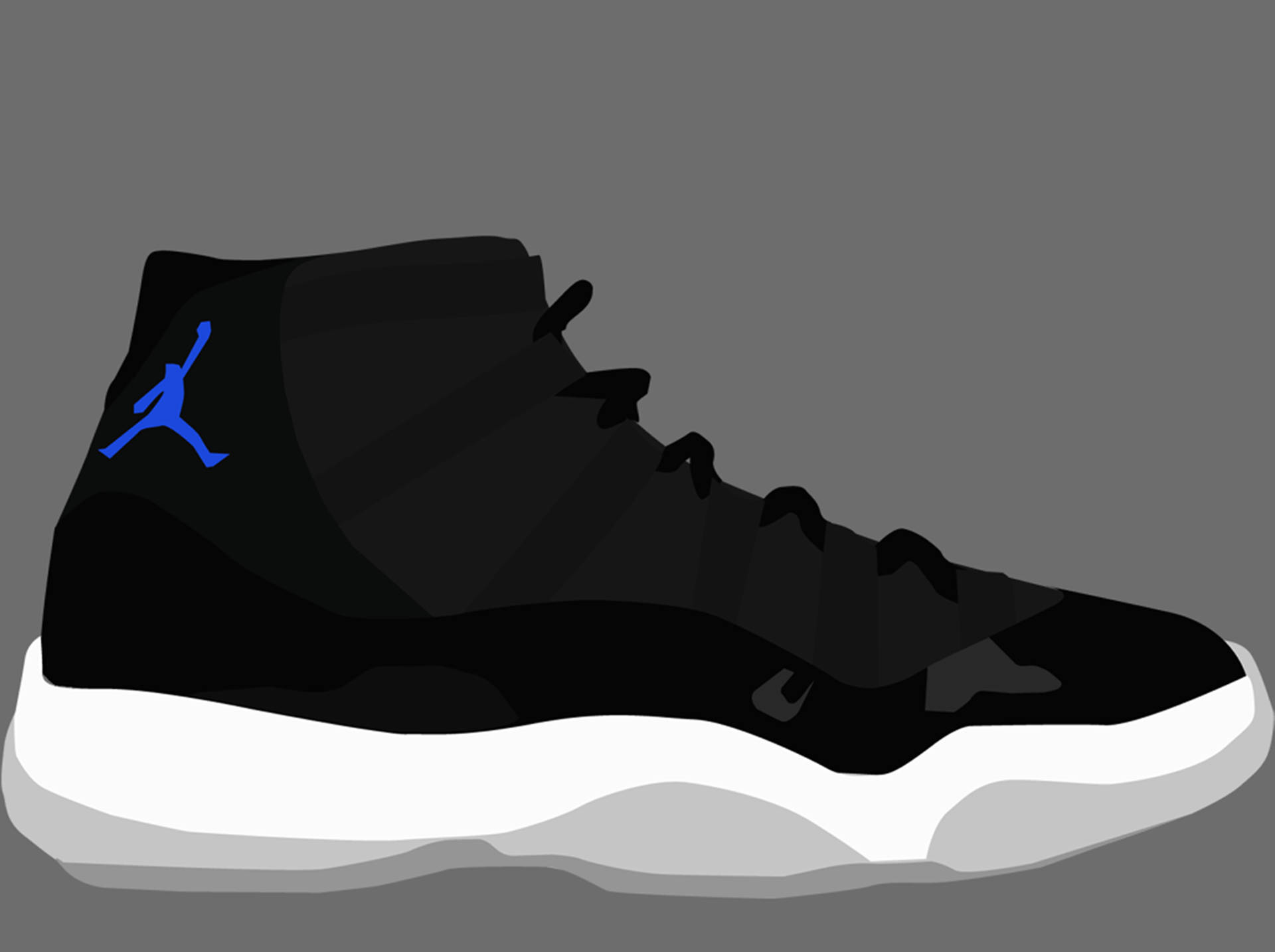 Jordan 11卡通鞋 壁紙 — 一雙時尚的黑色高筒運動鞋，鞋跟帶有鮮豔的藍色Jumpman標誌，厚實的白色鞋底，背景為灰色。