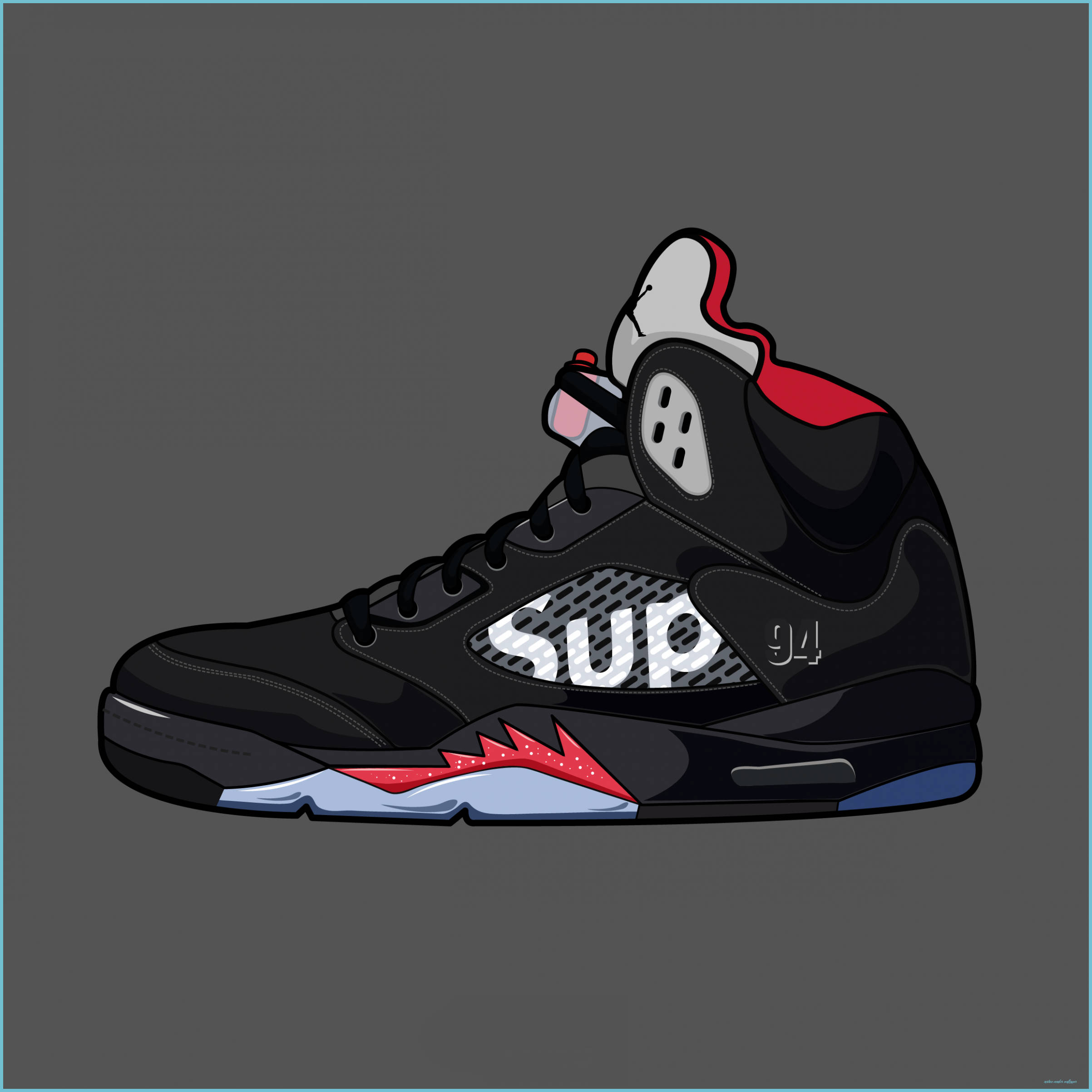 Jordan 5卡通運動鞋 壁紙 — 一雙風格化的黑色高筒運動鞋，帶有紅、白、藍色點綴和 'SUP 94' 品牌標誌，背景為灰色。
