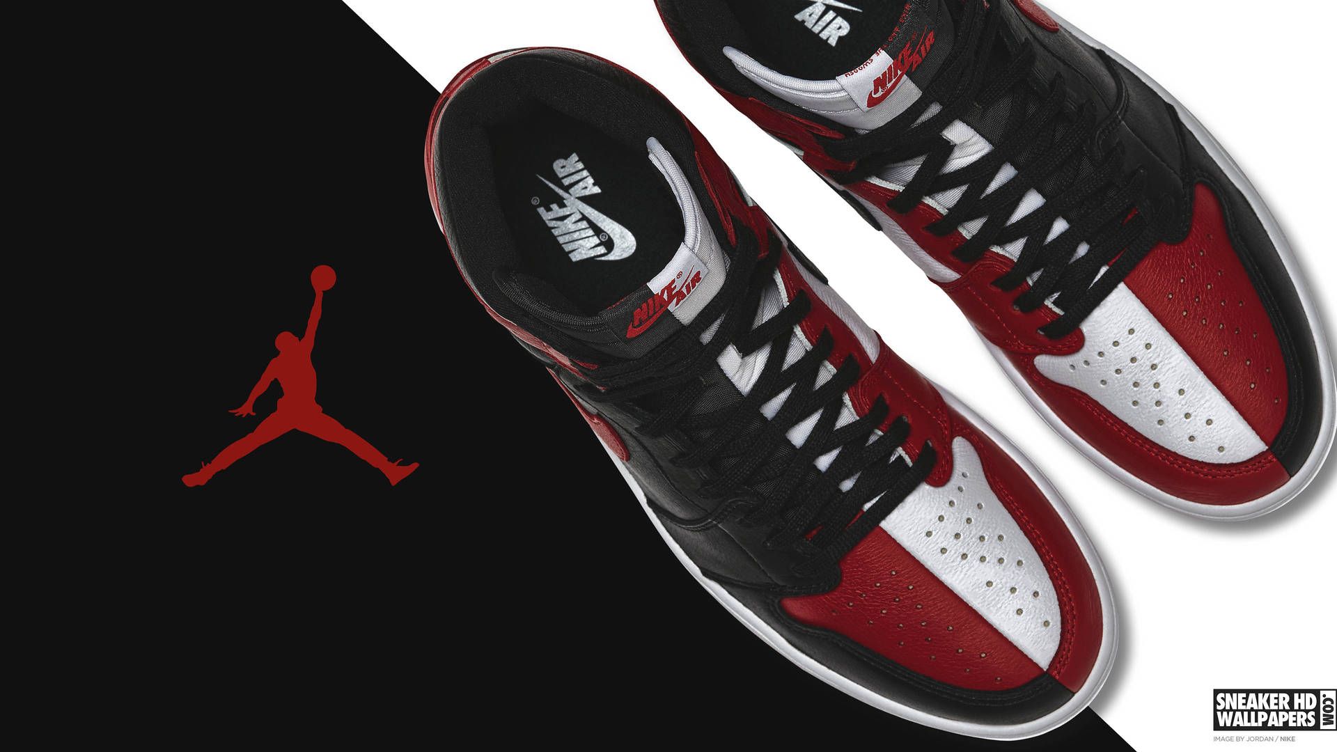 黑色、紅色和白色的Jordan 1運動鞋，在黑白背景上帶有Jumpman標誌。