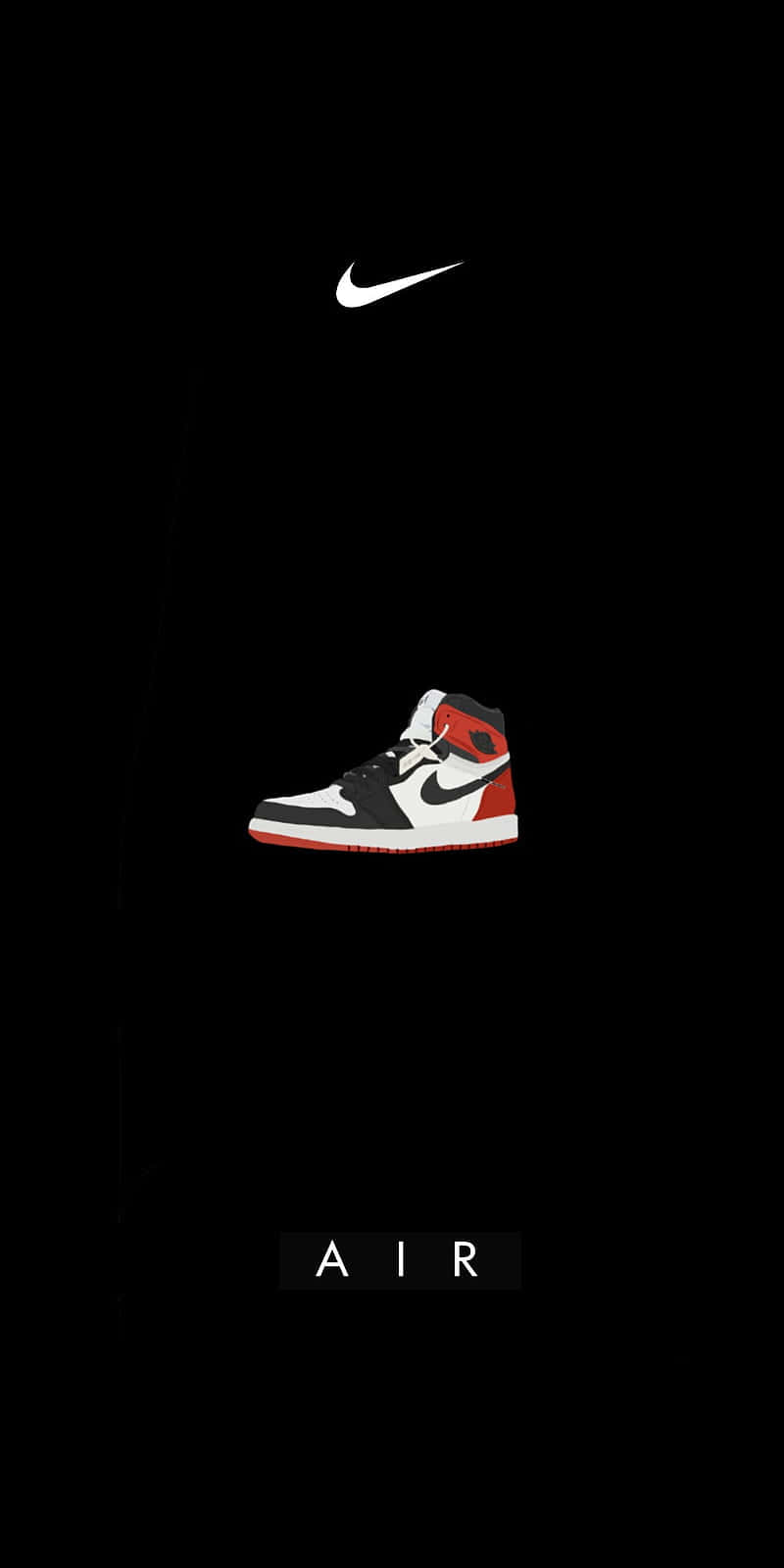 經典耐克 Jordan Air 1 - 重新定義鞋款風格 壁紙 — 一雙時尚的白色、黑色和紅色Nike Air Jordan 1運動鞋，居中放置在黑色背景上，上方有白色Nike勾勾，下方有'AIR'字樣。