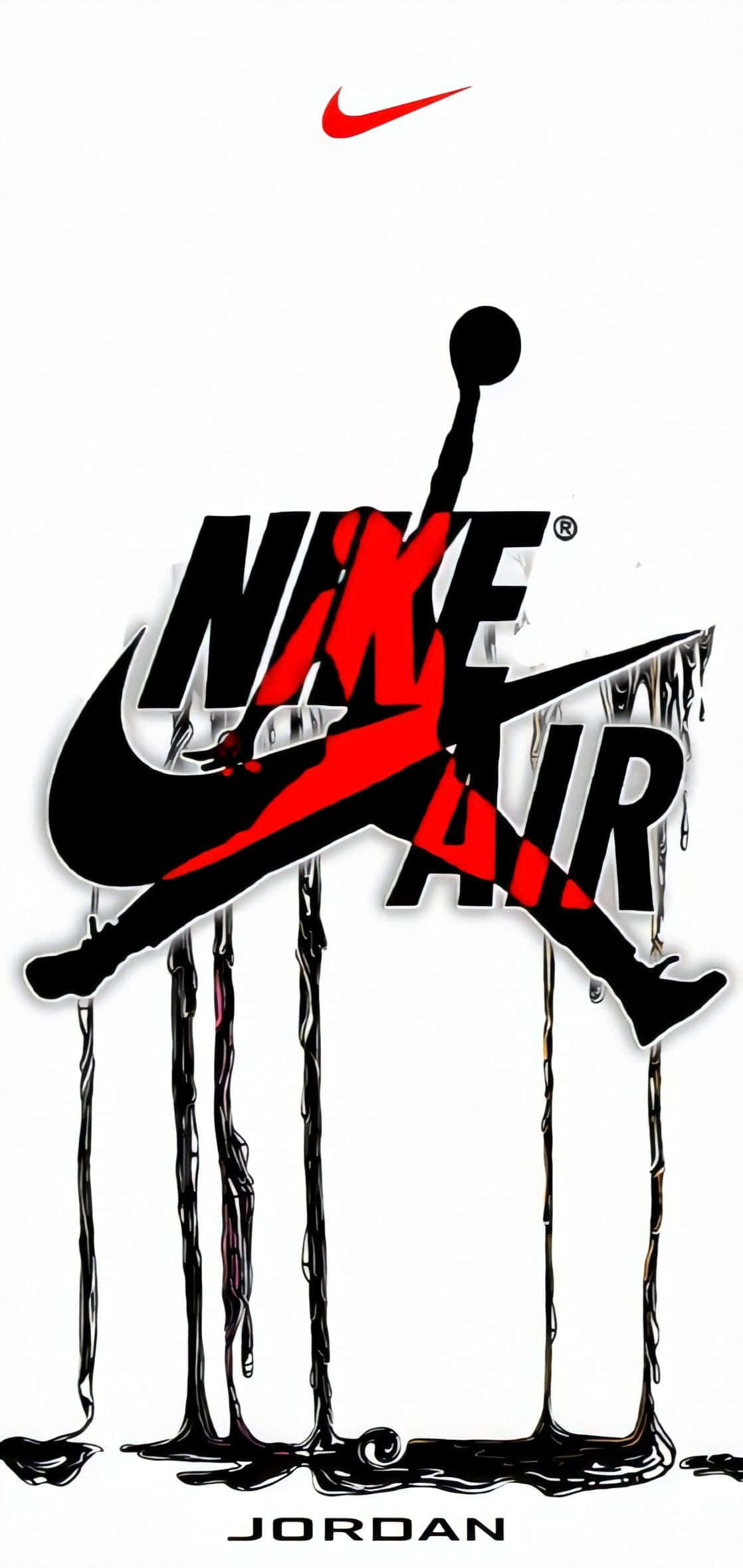 耐克 Jordan Air 標誌塗鴉 壁紙 — 一個大膽的圖形，描繪籃球運動員在半空中扣籃，穿過滴落的黑色油漆，帶有紅色Nike Air Jordan標誌。