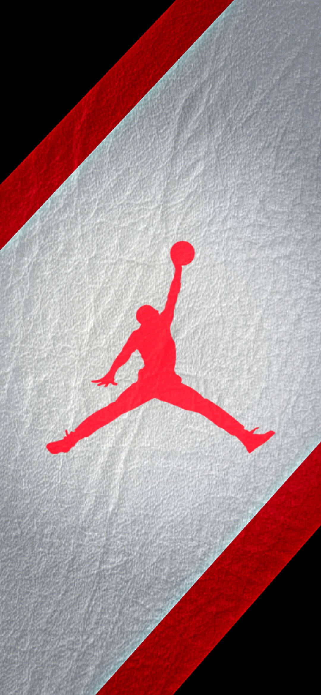 Jordan 標誌 Infrared 配色 壁紙 — 一個大膽的紅色Jordan Jumpman標誌在帶有紋理的白色背景上跳躍，背景由紅色斜紋框住。