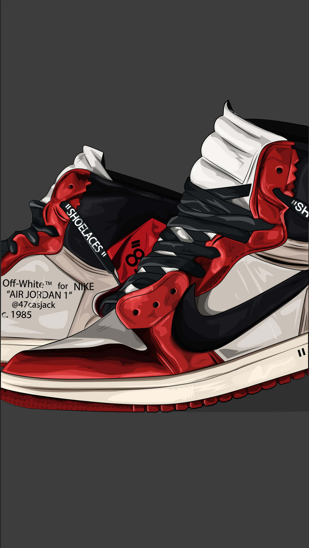 紅、黑、白色的 Off White x Air Jordan 1 運動鞋，帶有文字細節。