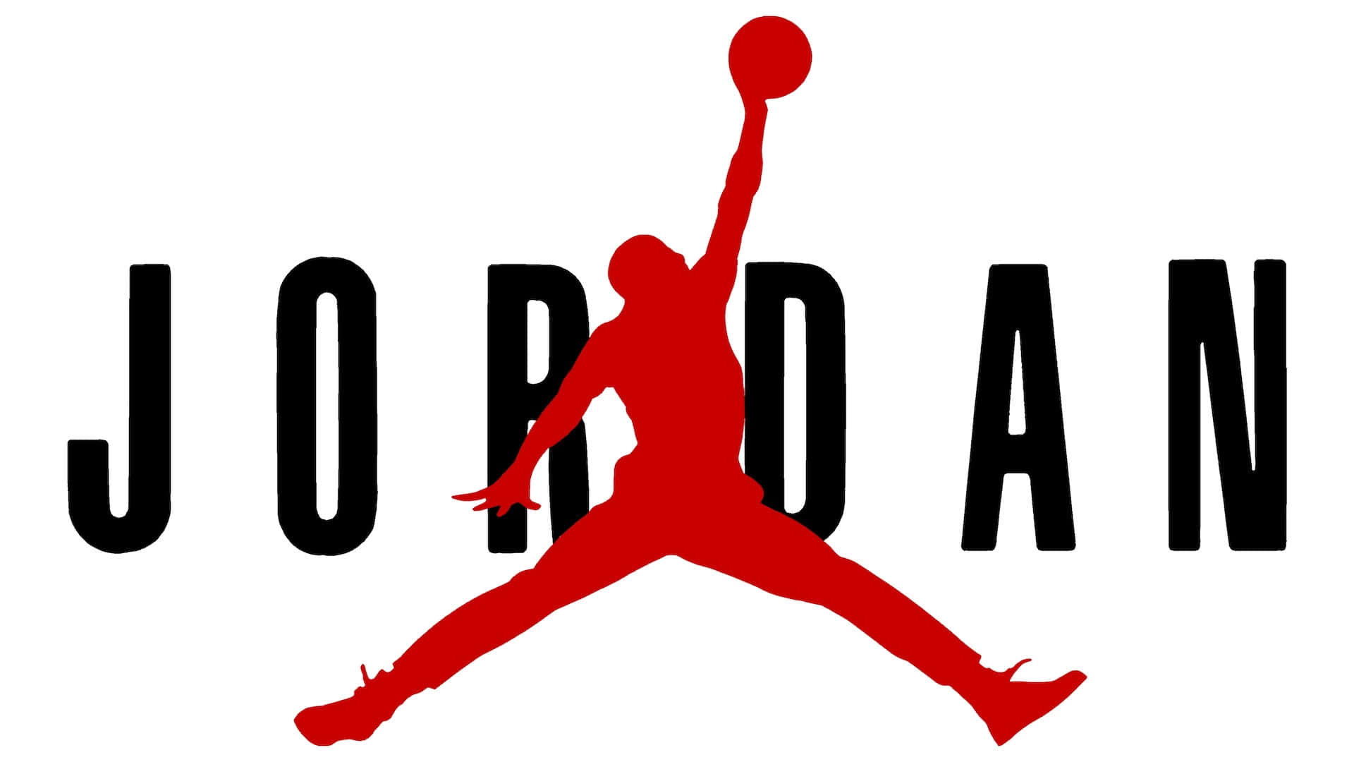 Jordan23標誌剪影 壁紙 — 白色背景上，一個籃球運動員的紅色剪影正在空中入樽，下方是粗體黑色「JORDAN」文字。