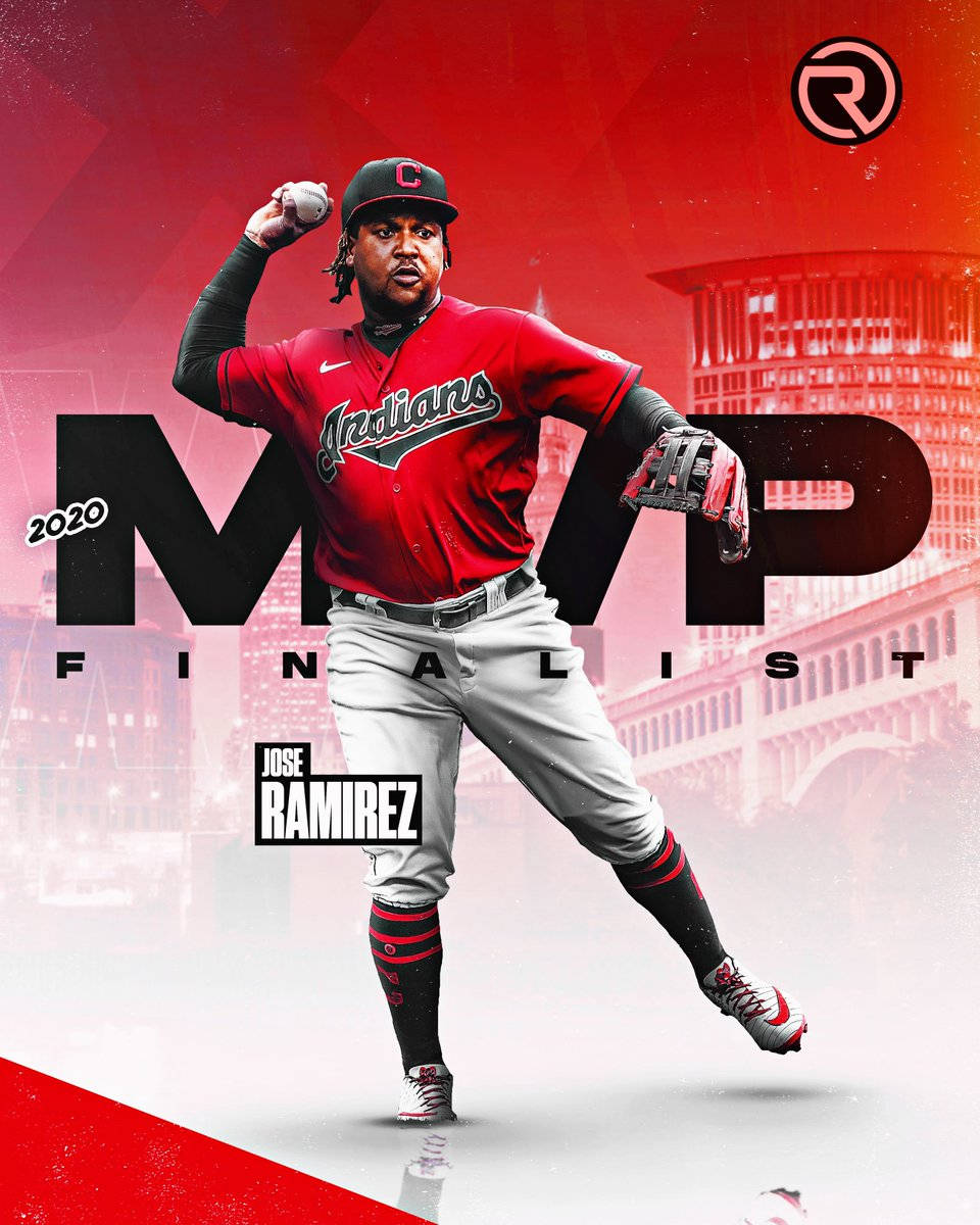 Jose Ramirez MVP 紅色藝術 壁紙 — 棒球運動員 Jose Ramirez 身穿紅色印第安人隊服，在風格化的紅色城市背景下投球。