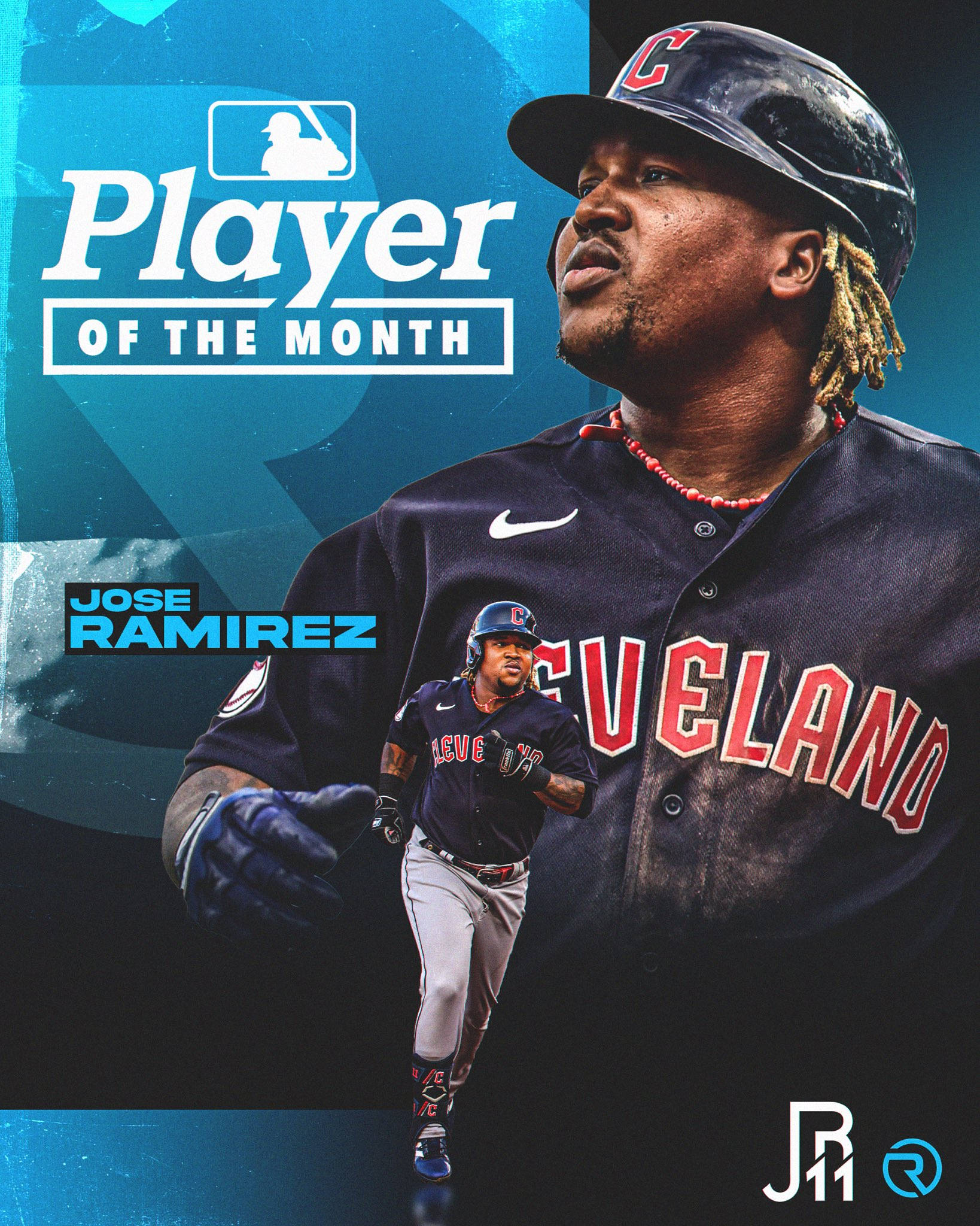 Jose Ramirez 月度最佳球員 壁紙 — 棒球手 Jose Ramirez 身穿克里夫蘭球衣，自信地擺姿勢，背後有「Player of the Month」圖案。
