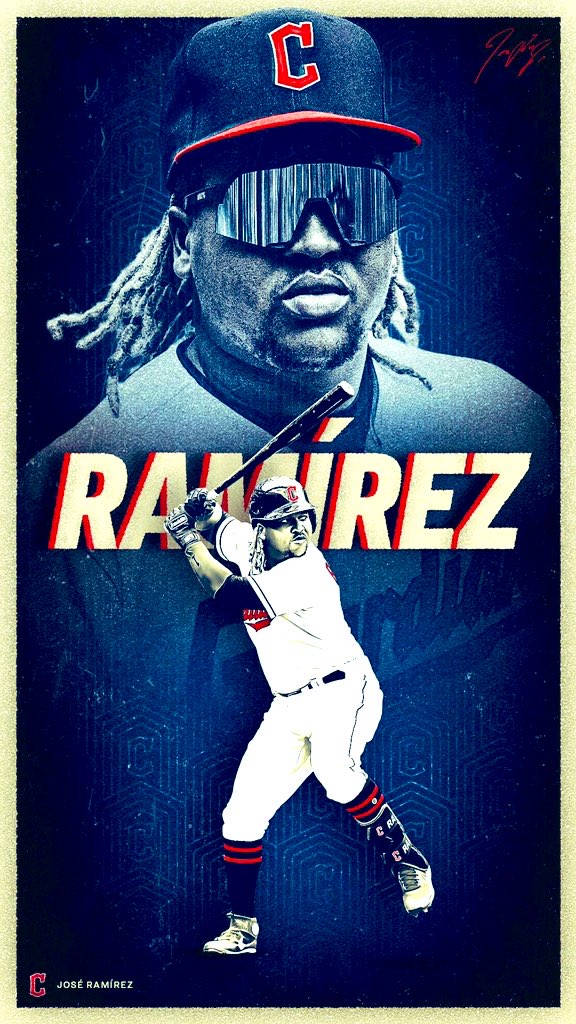 Jose Ramirez 深藍藝術畫 壁紙 — 一名身穿白色球衣的風格化棒球選手，在深藍色背景前揮棒，他的名字以粗體紅白字體呈現。