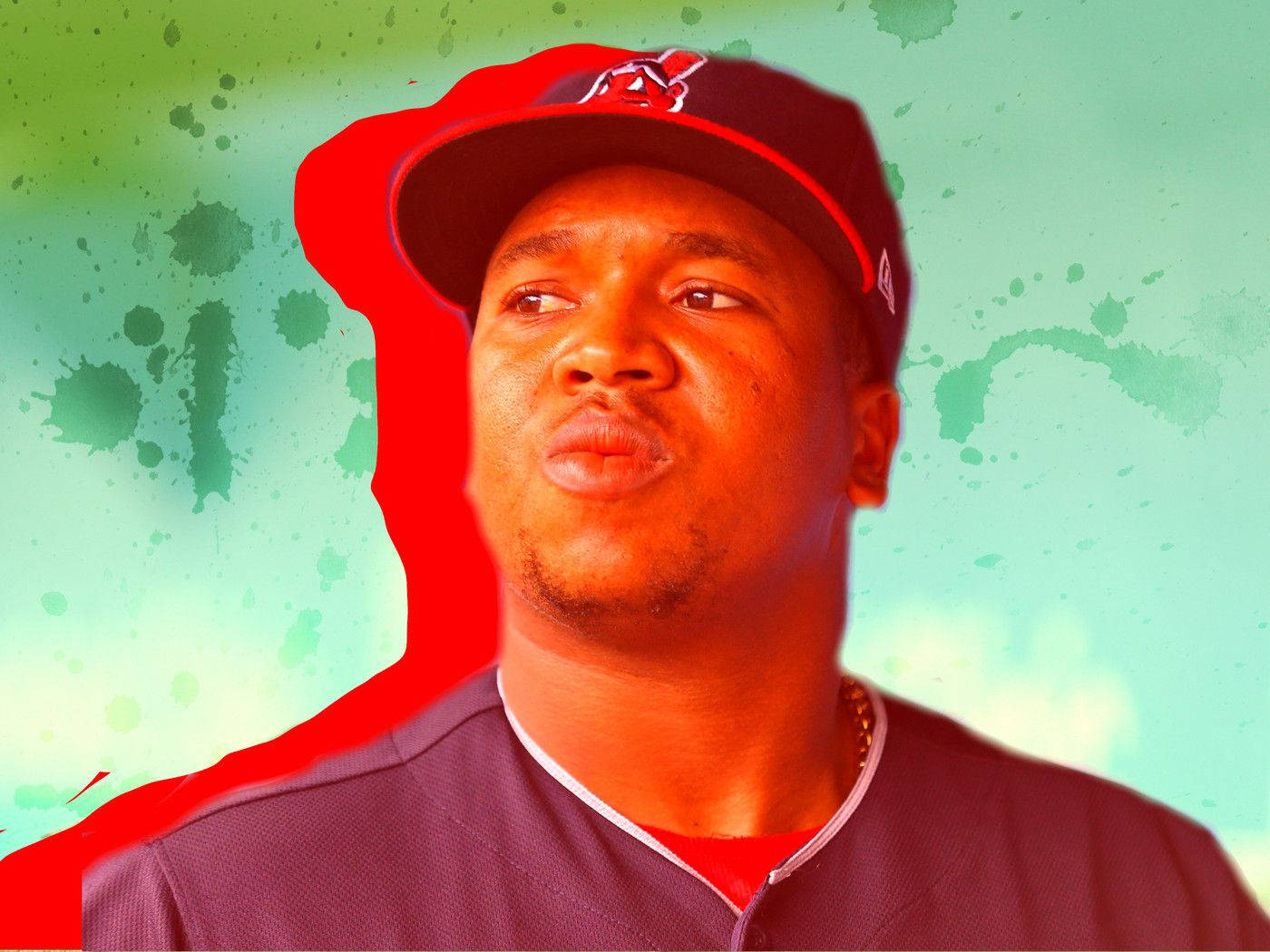 Jose Ramirez 紅綠藝術 壁紙 — 一名戴著帽子和球衣的棒球運動員站在充滿活力的紅色和藍綠色潑濺背景前，帶有醒目的紅色輪廓線條。