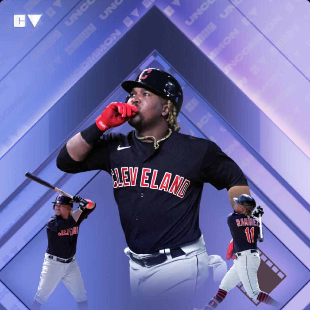 Jose Ramirez 紫色藝術 壁紙 — 一名克里夫蘭棒球運動員在充滿活力的紫色幾何背景前自信地擺出動作姿勢，他的名字和號碼清晰可見。