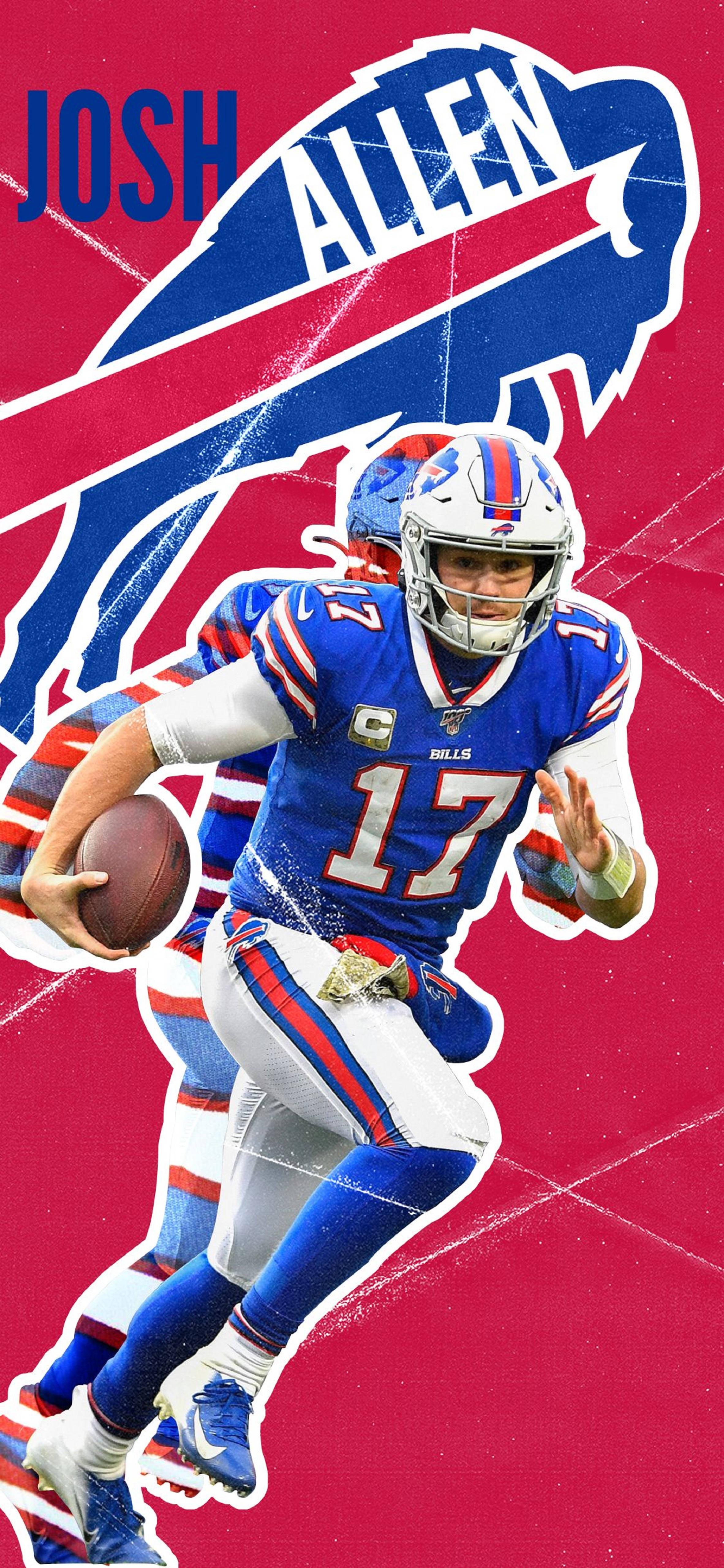 Josh Allen Buffalo Bills 舊式美學藝術 壁紙 — 美式足球四分衛 Josh Allen 身穿藍紅 Bills 球衣，在鮮紅色背景和球隊標誌前投球。