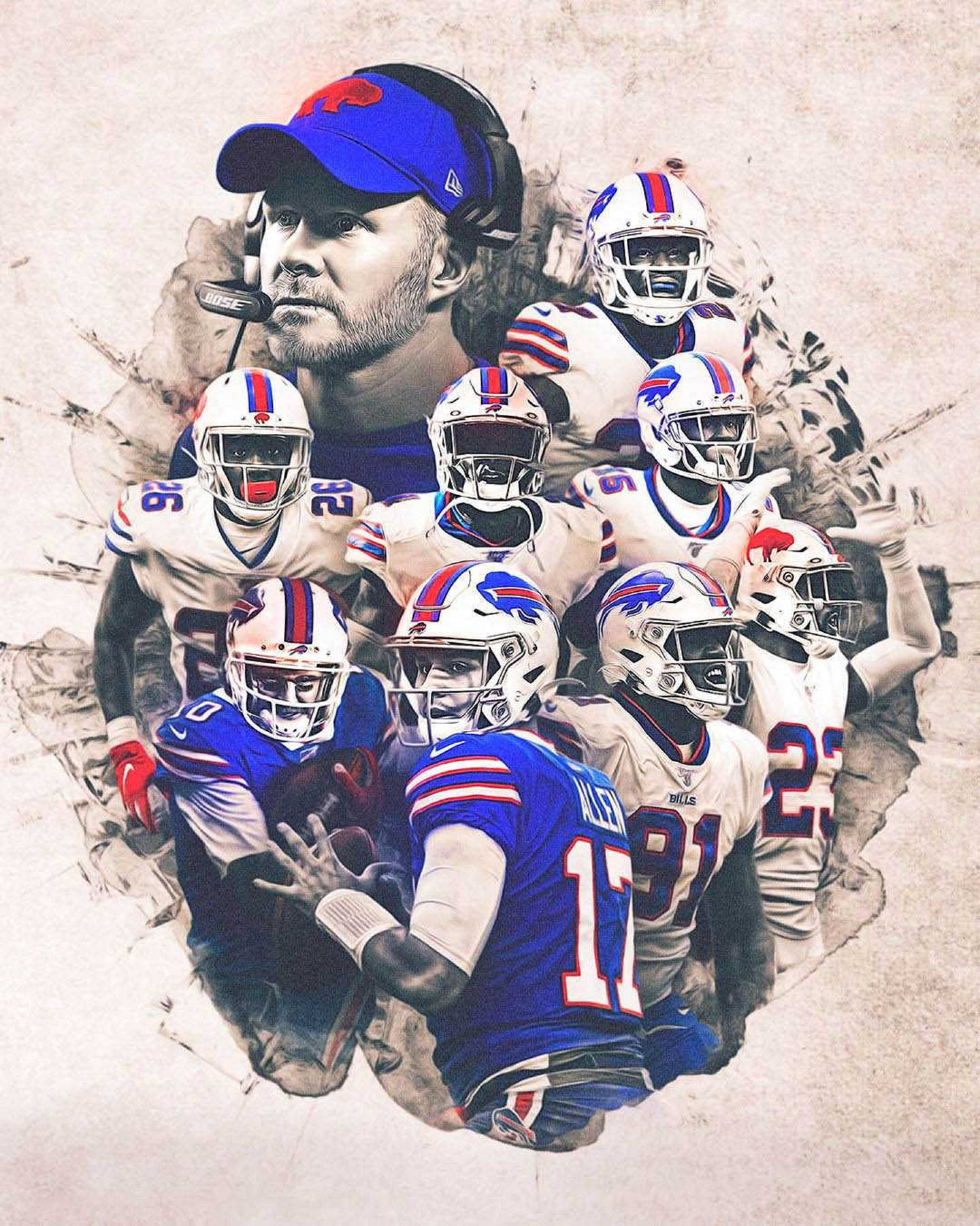 Josh Allen Buffalo Bills 球隊藝術圖 壁紙 — 一幅動態數碼藝術拼貼，描繪水牛城比爾隊的足球員和教練衝破有紋理的牆壁。