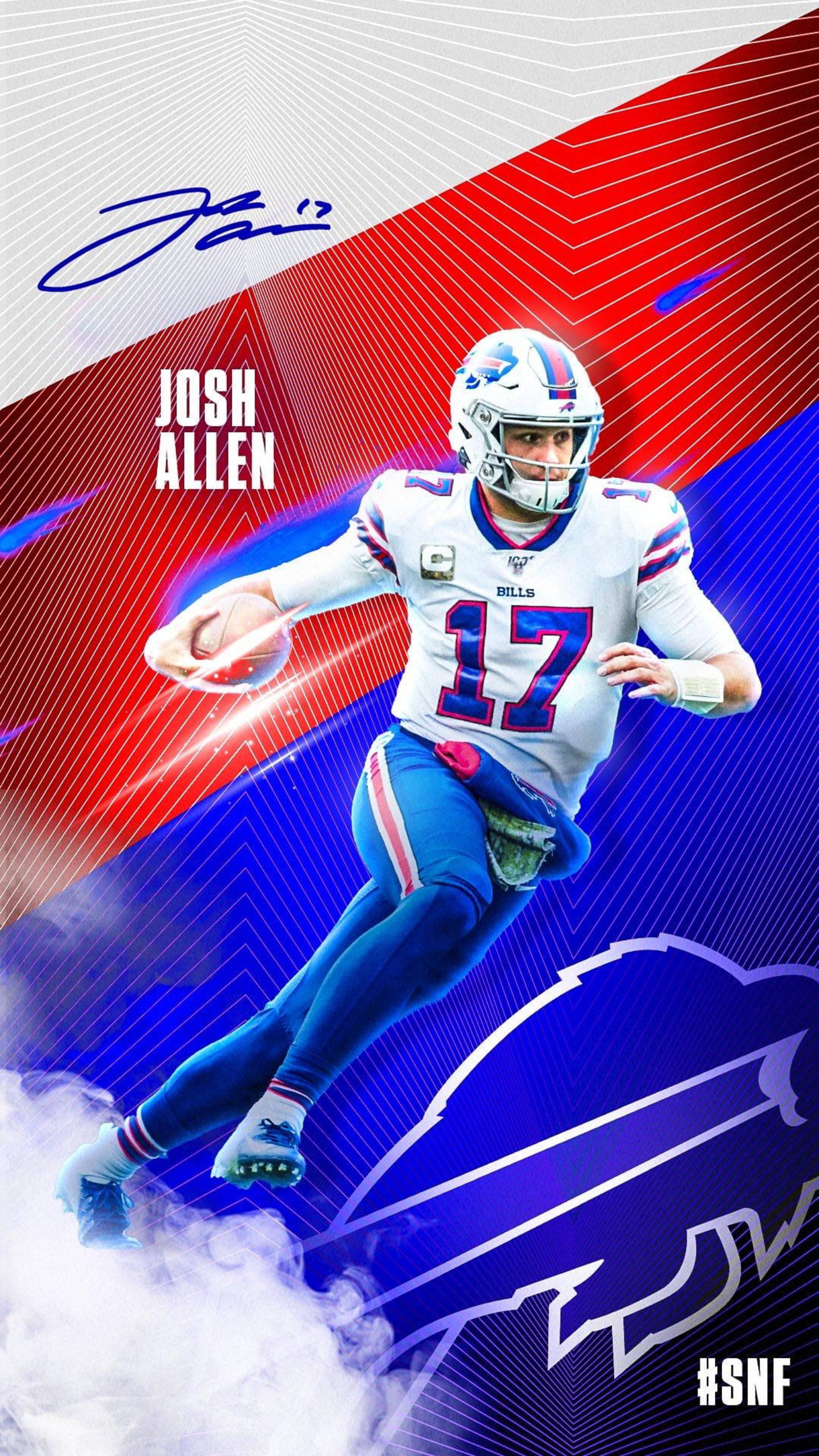 Josh Allen Buffalo Bills 宣傳海報 壁紙 — Josh Allen 身穿水牛城比爾隊服，在動態紅藍背景中做出投球動作，帶有煙霧效果和球隊標誌。