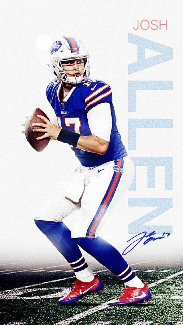 Josh Allen Buffalo Bills 四分衛藝術作品 壁紙 — 美式足球四分衛Josh Allen身穿藍白球衣，準備在球場上擲出橄欖球，他的名字以風格化字體顯示在旁邊。