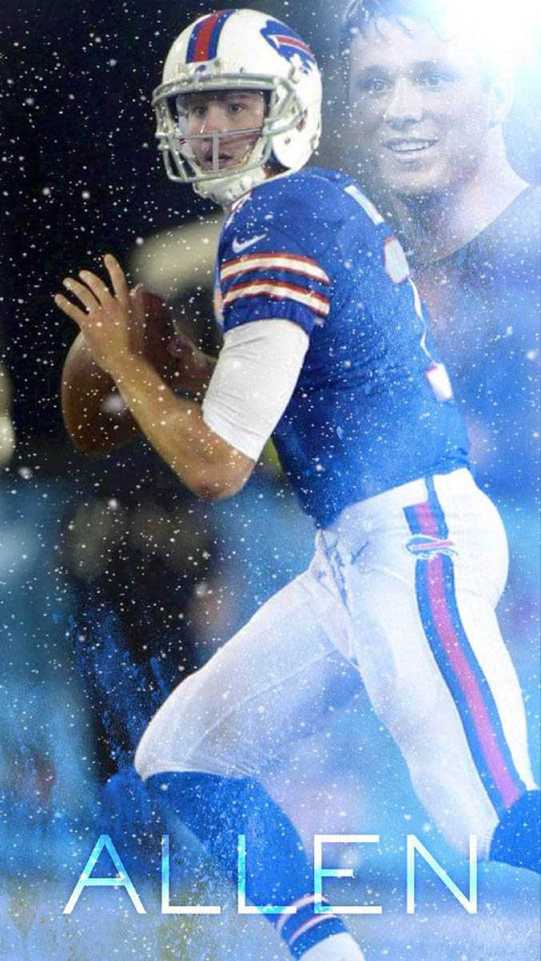 Josh Allen NFL 美學藝術 壁紙 — 一名身穿藍白球衣的美式足球四分衛在雪中球場燈光下傳球，他的名字 'ALLEN' 在下方發光。