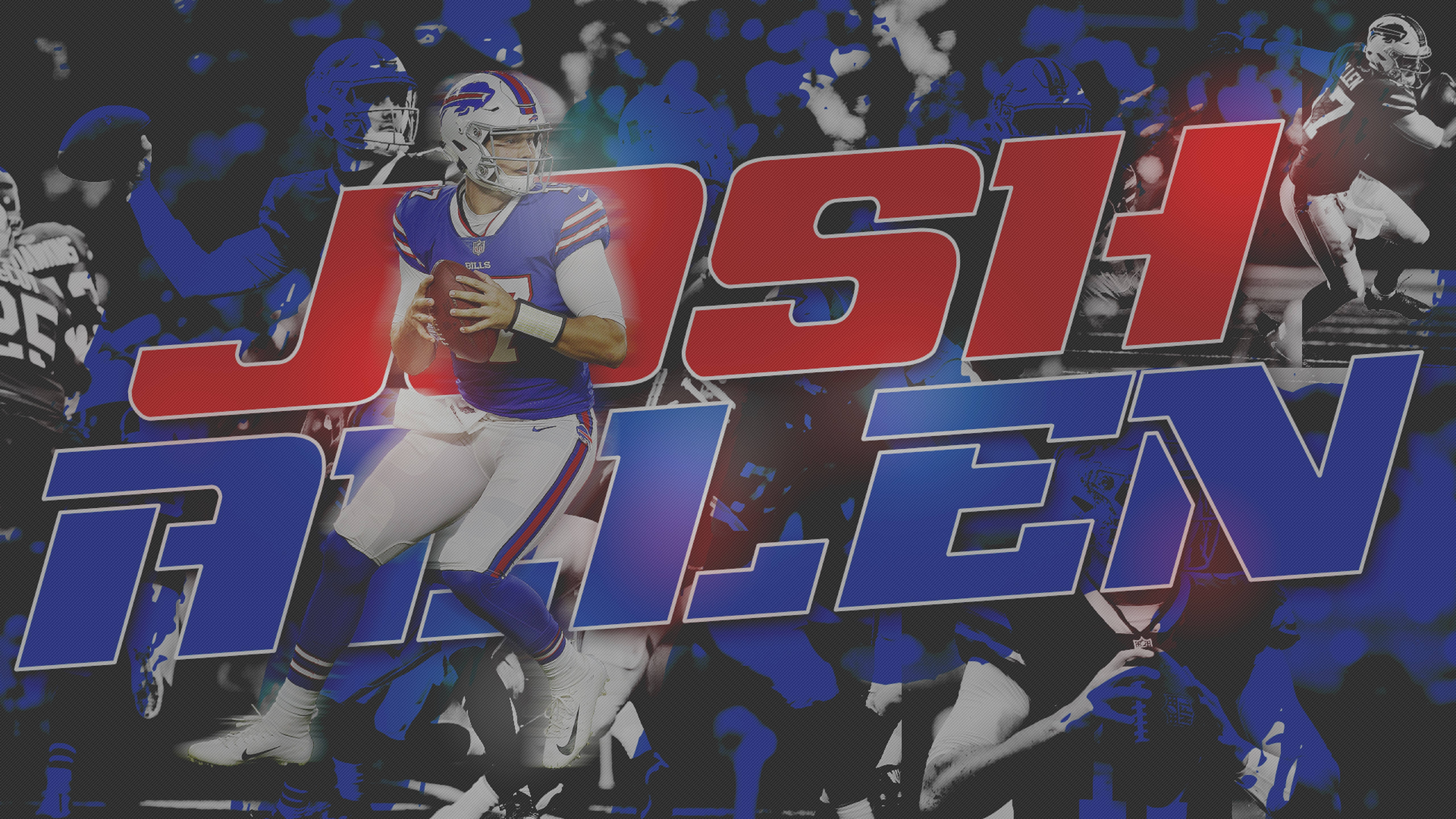 Josh Allen 四分衛海報 壁紙 — 一名充滿活力的足球運動員身穿藍紅相間的球衣，手持球，背景是動作剪影，並帶有粗體紅藍文字疊加。