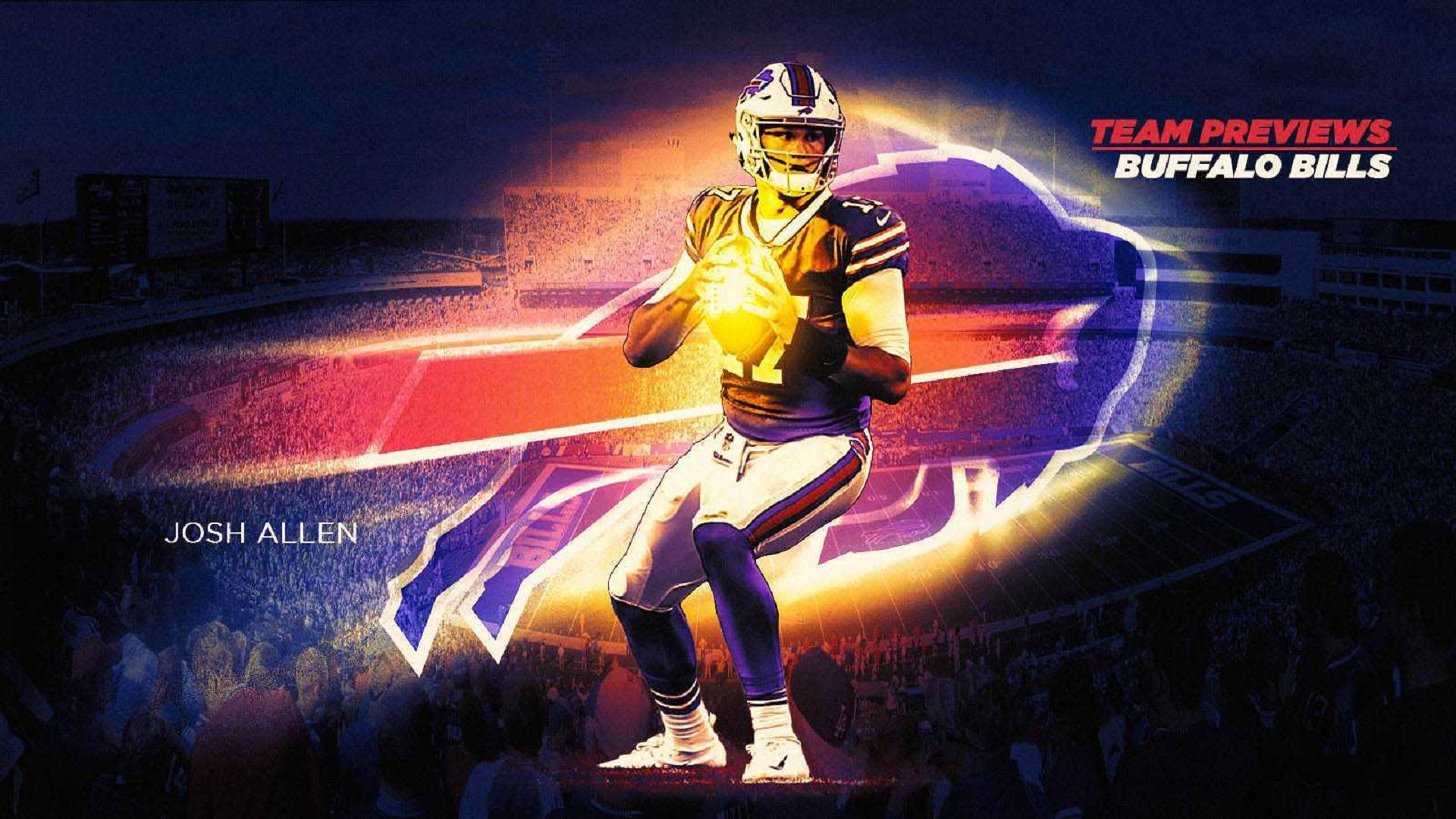 Josh Allen 高標誌體育場 壁紙 — 四分衛喬許艾倫身穿水牛城比爾隊球衣的動態數位插圖，在充滿活力的體育場背景下散發能量光芒。