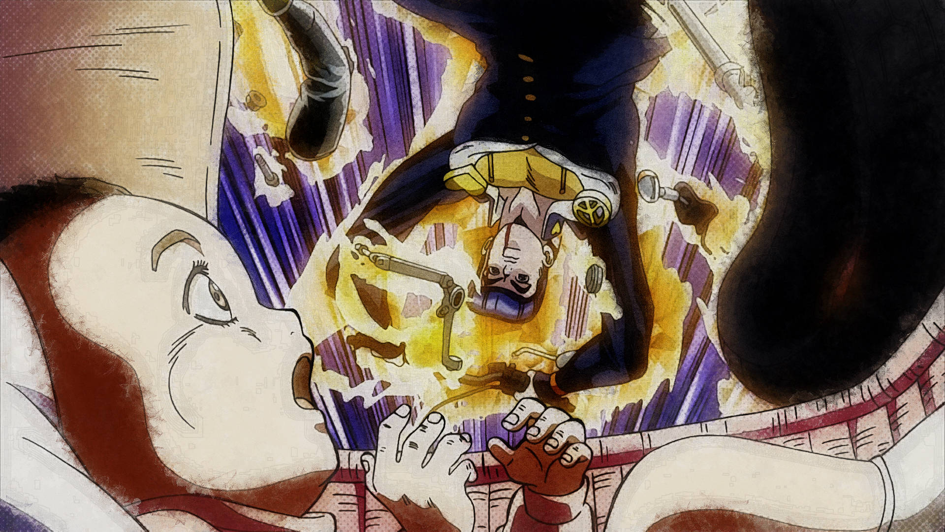 Josuke Higashikata 救嬰兒 壁紙 — 一個戲劇性的動漫場景顯示一個穿著藍色西裝的角色從火熱的爆炸中墜落，而另一個角色震驚地抬頭看。