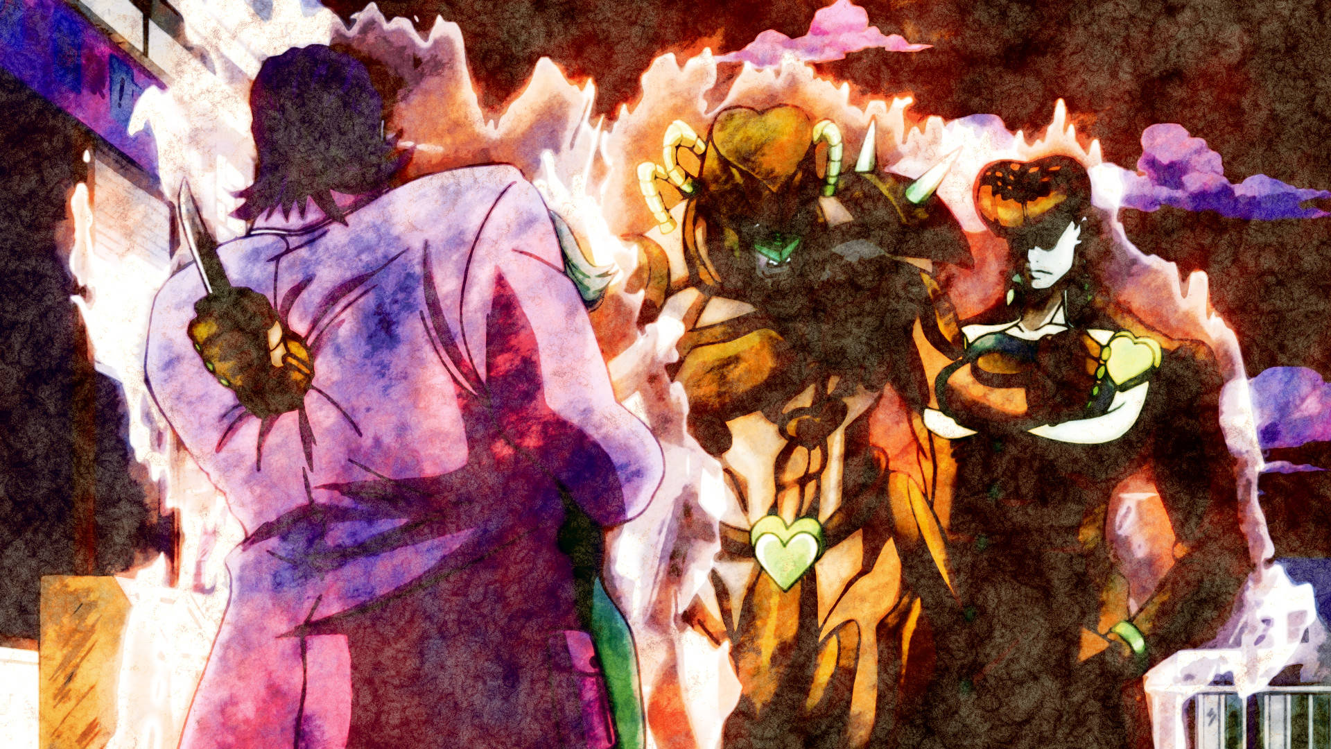Josuke 冷靜戰鬥場景 壁紙 — 三個動漫角色背光站立，身後是熾熱的橙色和紫色火焰，背景是黑暗的城市天際線。