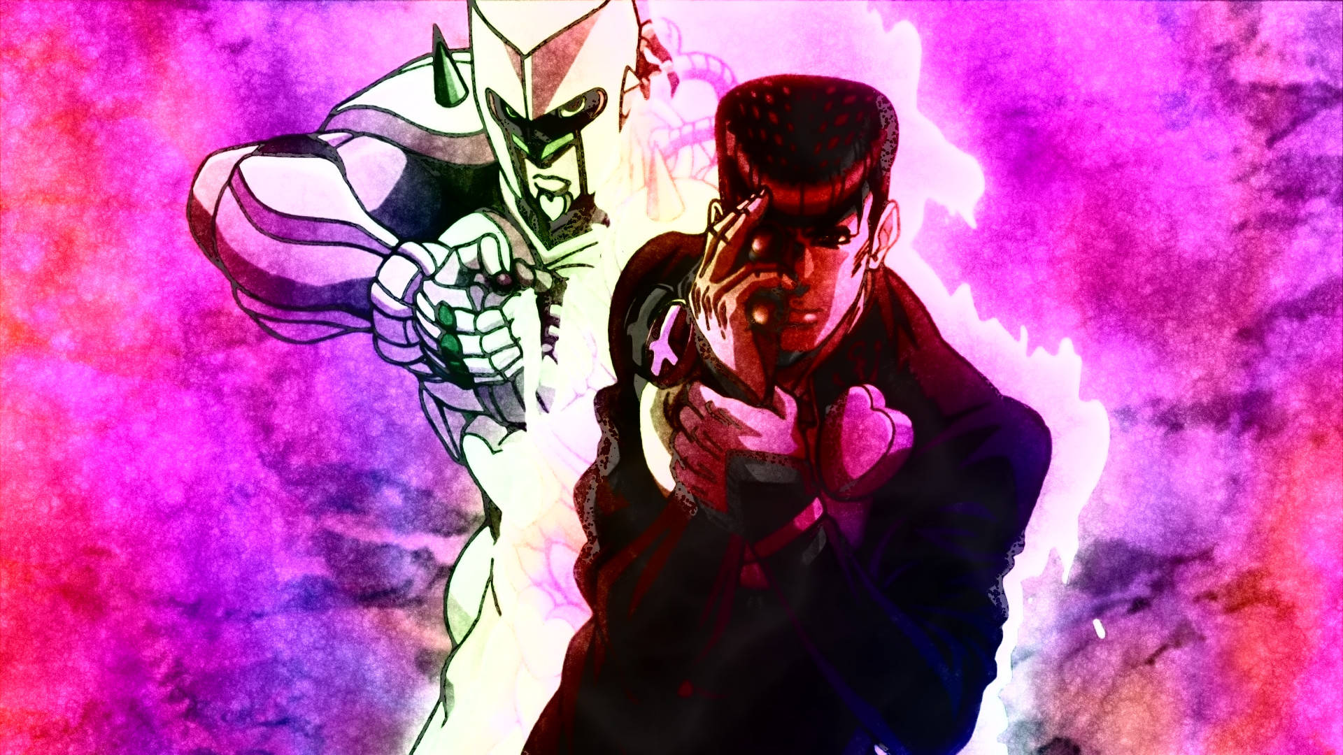 Josuke 召喚 Crazy Diamond 壁紙 — 兩個動漫角色以動態戰鬥姿勢呈現，背景為充滿活力的紫色和粉紅色水彩風格。