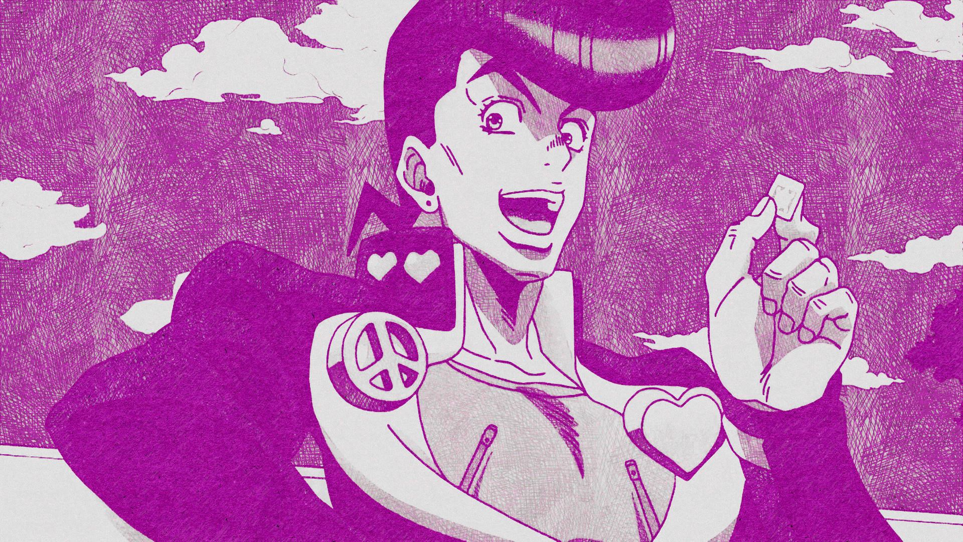 Josuke 在《JoJo的奇妙冒險》中 壁紙 — 一個充滿活力的紫色動漫角色，穿著和平標誌外套和心形配飾，在陰天背景下微笑著手持一個小物件。