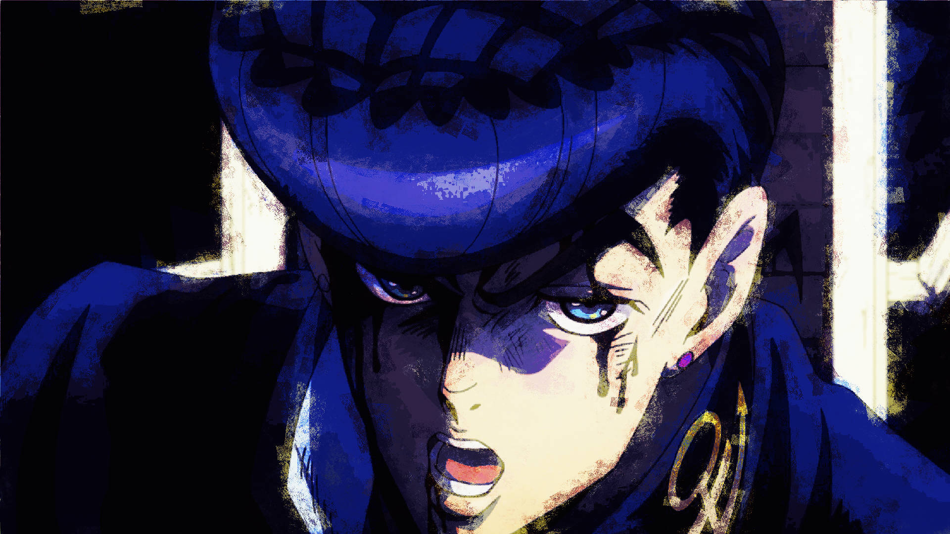 Josuke 戰鬥中雙眼流血 壁紙 — 一個藍色頭髮、眼神銳利的動漫角色特寫，在黑暗背景下兇狠地凝視。