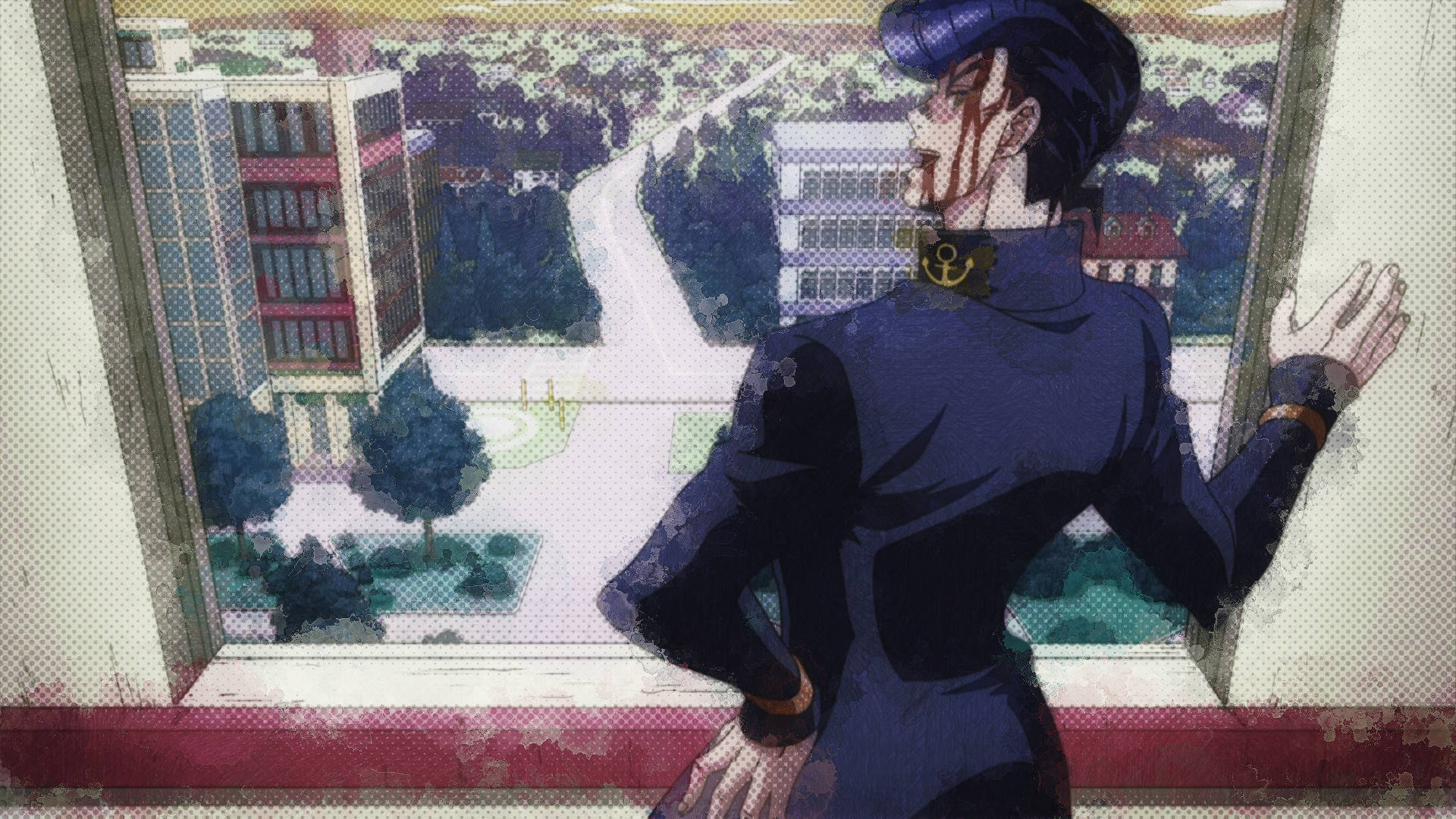 Josuke 窗前凝望，臉部帶傷 壁紙 — 一個深色頭髮的動漫角色穿著藍色西裝，站在窗邊，窗外是建築物和樹木的城市景觀。