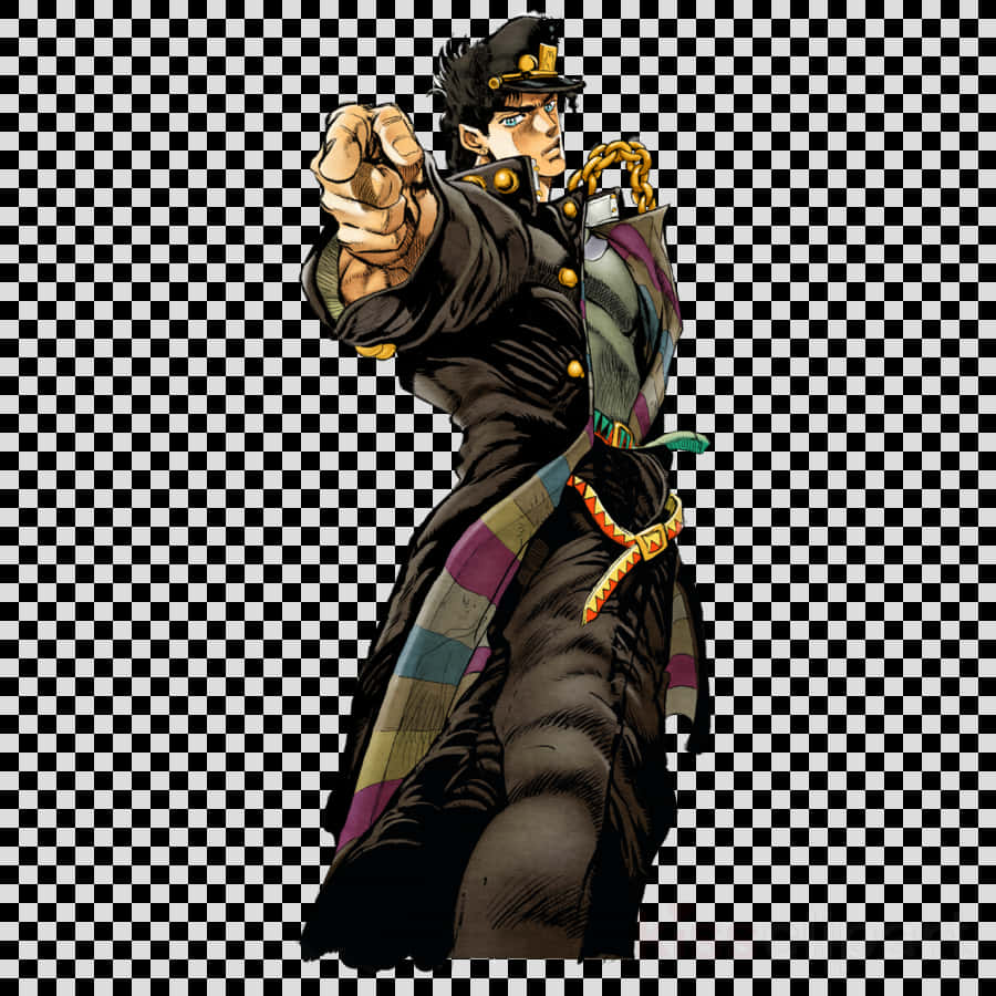 Jotaro Kujo 動作姿勢插畫 壁紙 — 一個動態的動漫角色，身穿黑色外套和帽子，在方格背景前充滿氣勢地向前指。