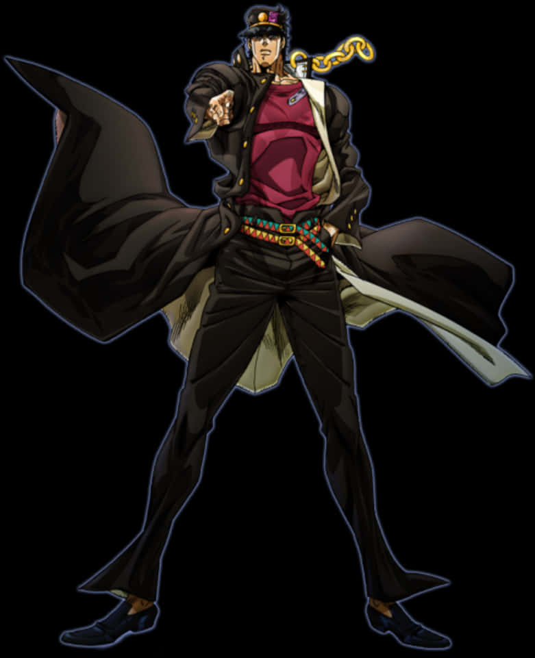 Jotaro Kujo站立姿勢 壁紙 — 一個動態的動漫角色，身穿黑色外套和紅色襯衫，肩上扛著金色鏈條武器，在黑色背景前指向前方。