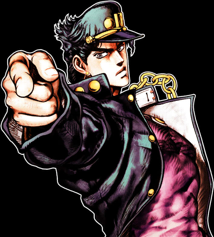 Jotaro Kujo 指向觀眾姿態 壁紙 — 一個堅定的動漫角色穿著軍裝外套，在黑色背景下以兇猛的表情指向前方。
