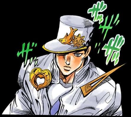 Jotaro Kujo 經典姿態 壁紙 — 一個堅定的動漫角色，身穿白色制服和帶有魚和太陽圖案的帽子，被綠色音效包圍。